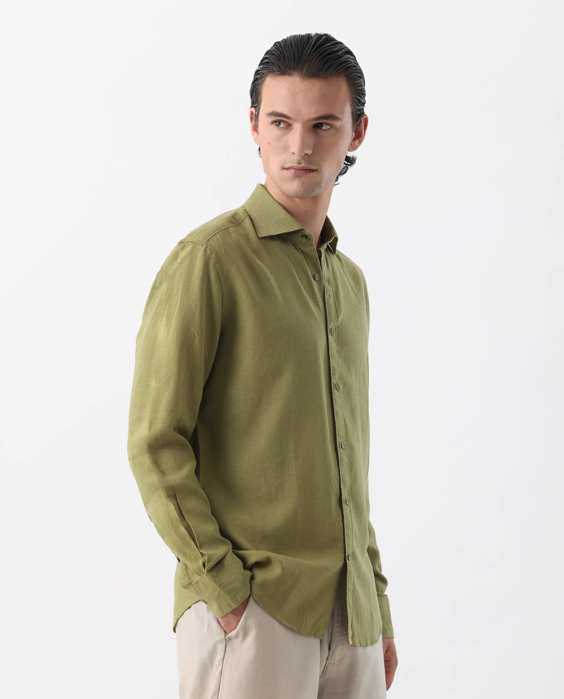 Rare Rabbit Men's Genova Green 100% Linen Regular Fit Full Sleeve Cutaway Collar Shirt