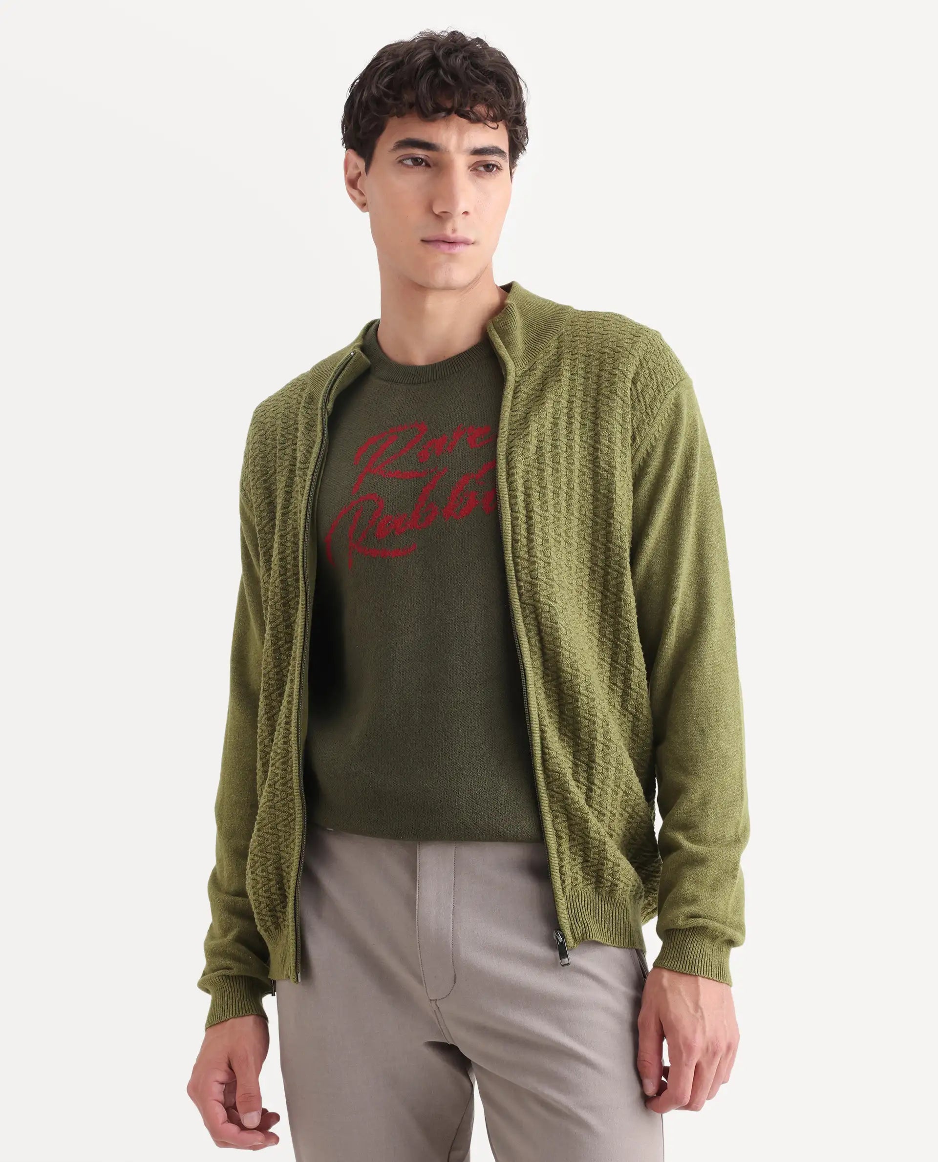 Rare Rabbit Men's Jacky Green Cotton Jacquard Regular Fit Full Sleeve High Neck Sweater