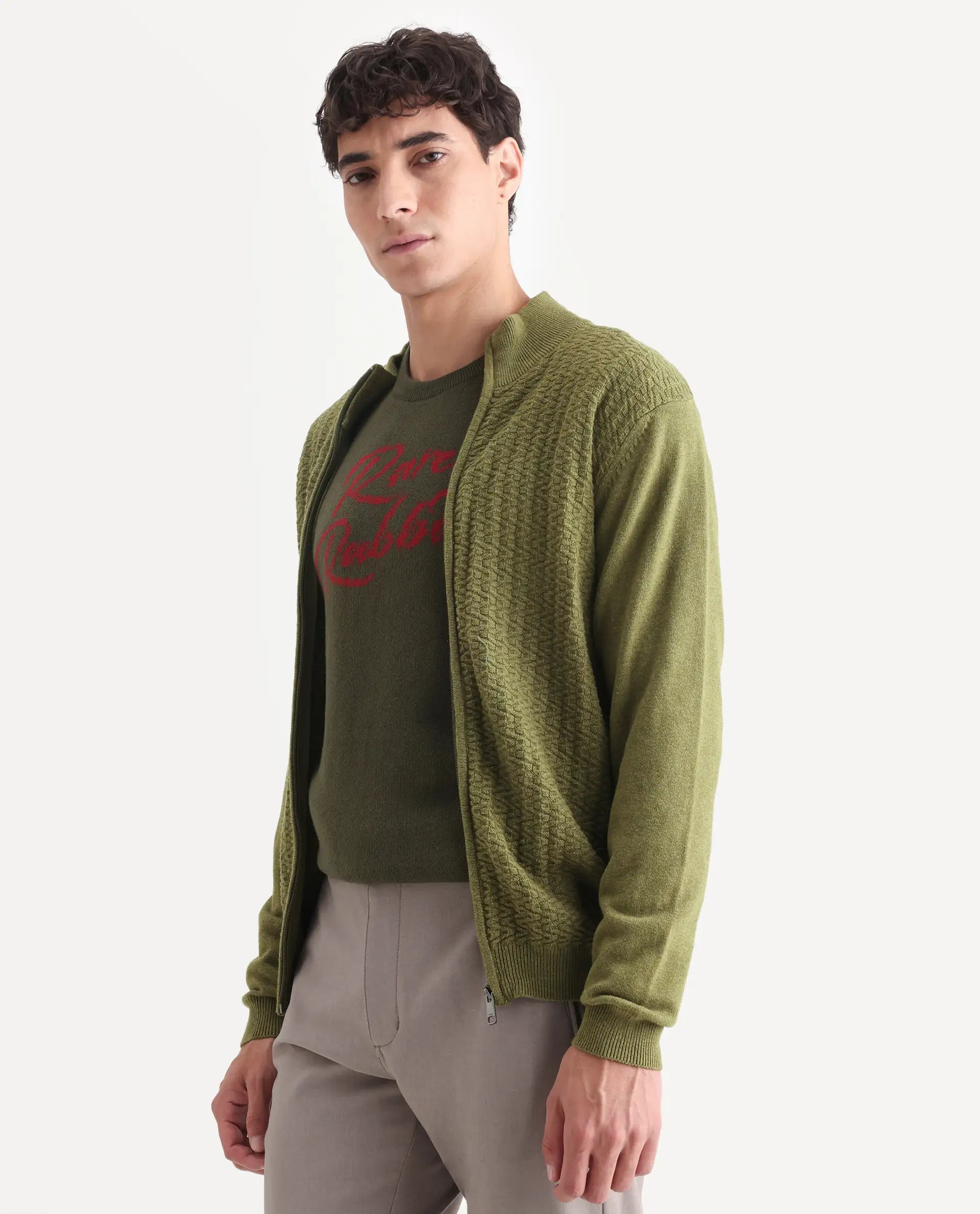 Rare Rabbit Men's Jacky Green Cotton Jacquard Regular Fit Full Sleeve High Neck Sweater