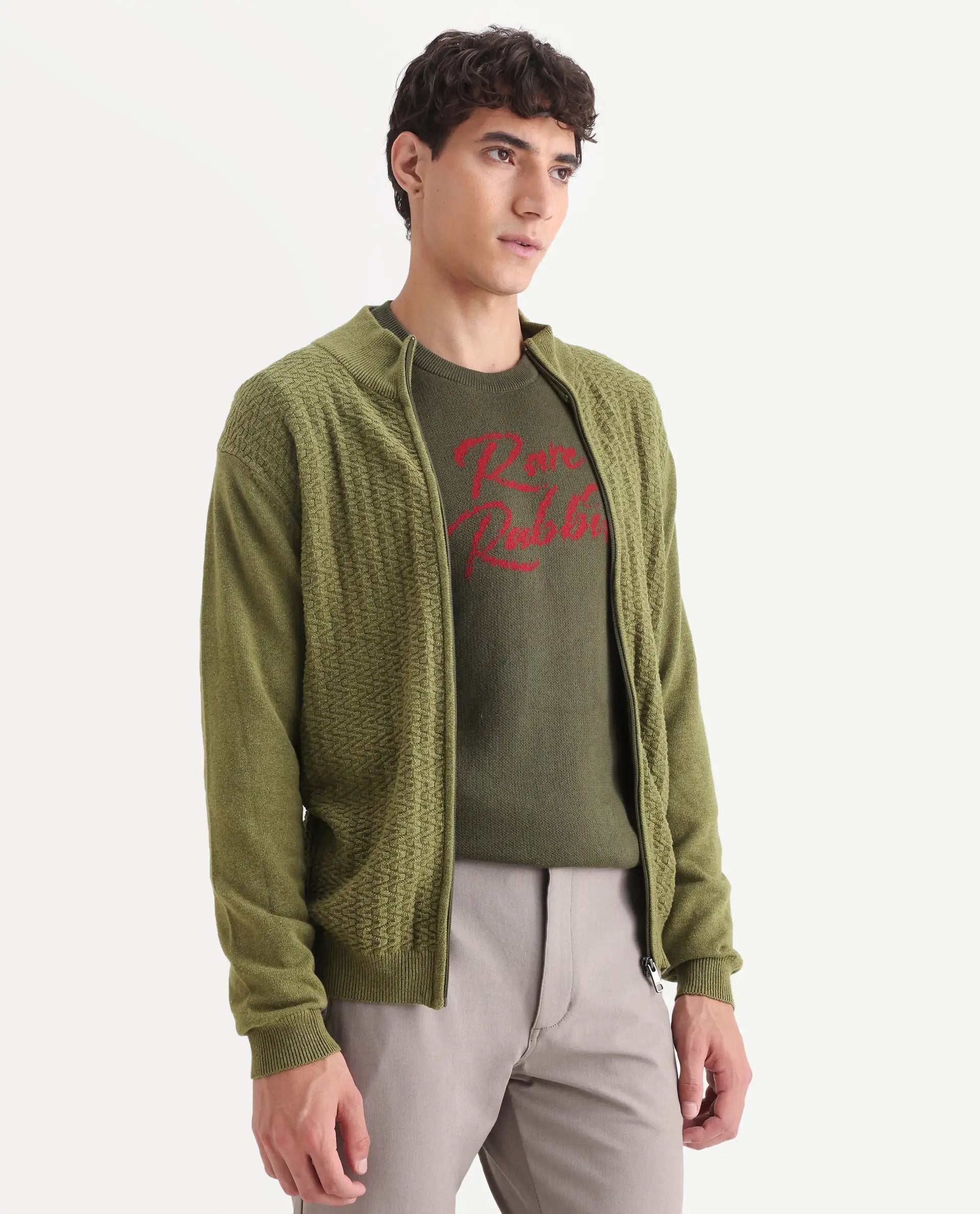 Rare Rabbit Men's Jacky Green Cotton Jacquard Regular Fit Full Sleeve High Neck Sweater