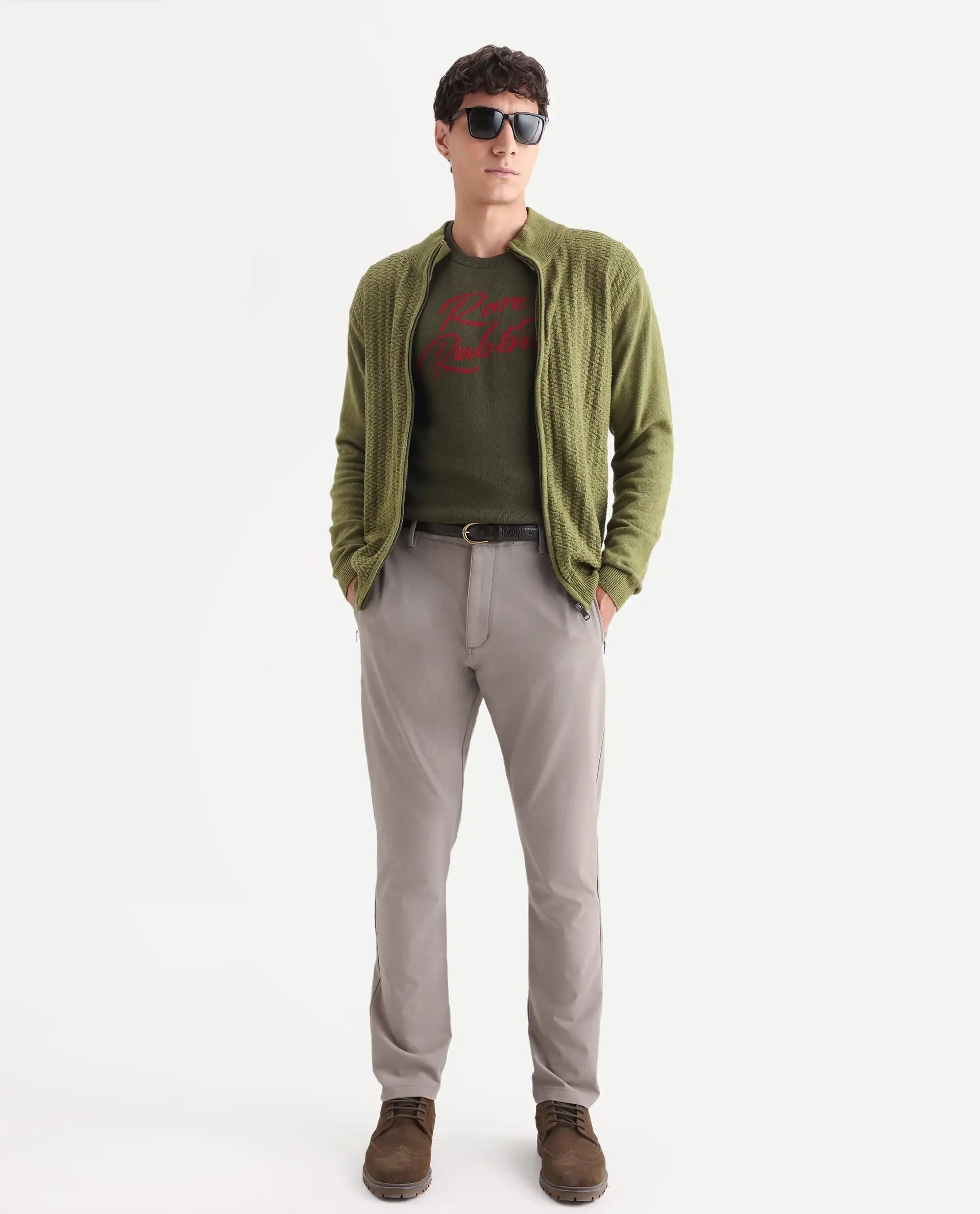 Rare Rabbit Men's Jacky Green Cotton Jacquard Regular Fit Full Sleeve High Neck Sweater