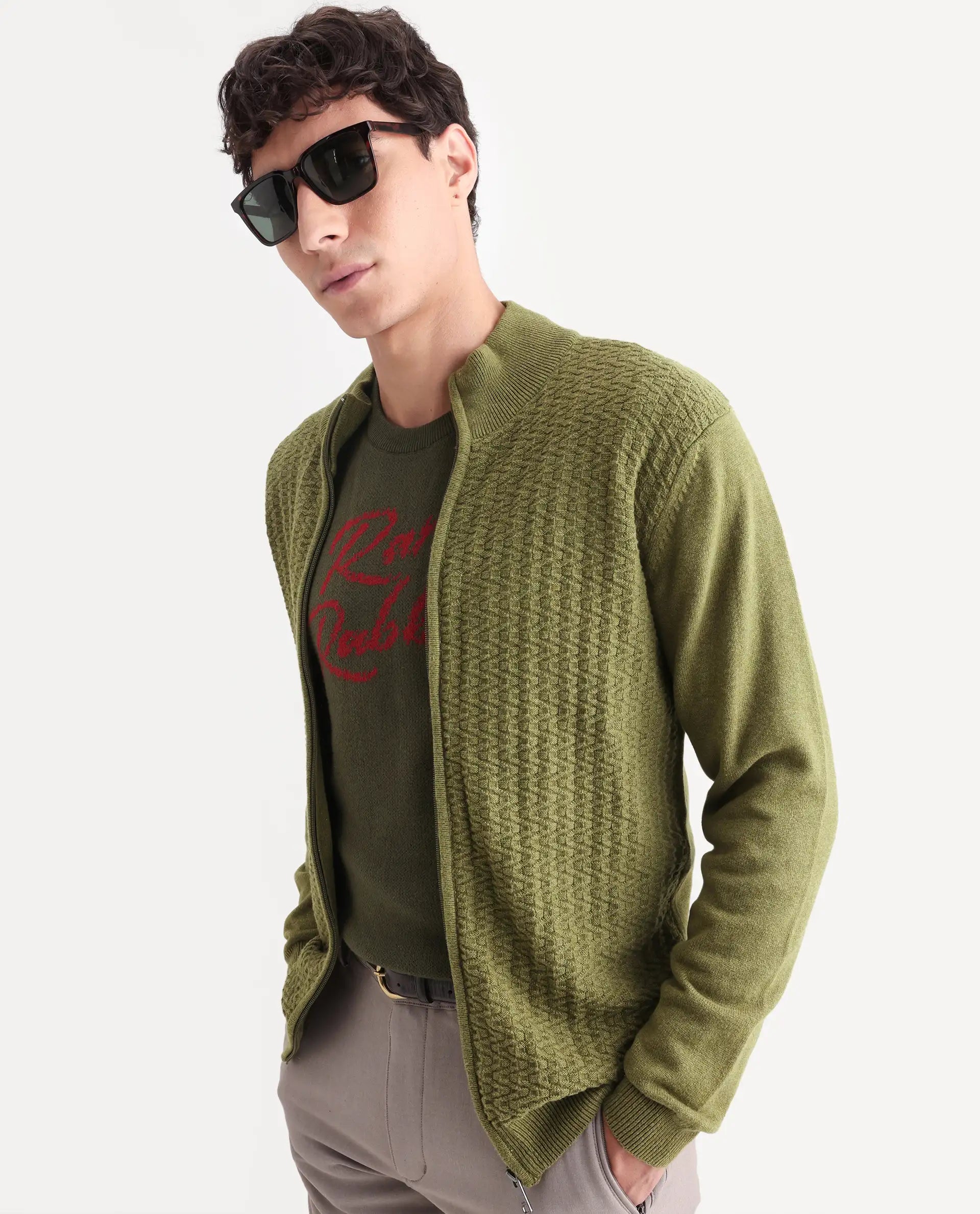 Rare Rabbit Men's Jacky Green Cotton Jacquard Regular Fit Full Sleeve High Neck Sweater