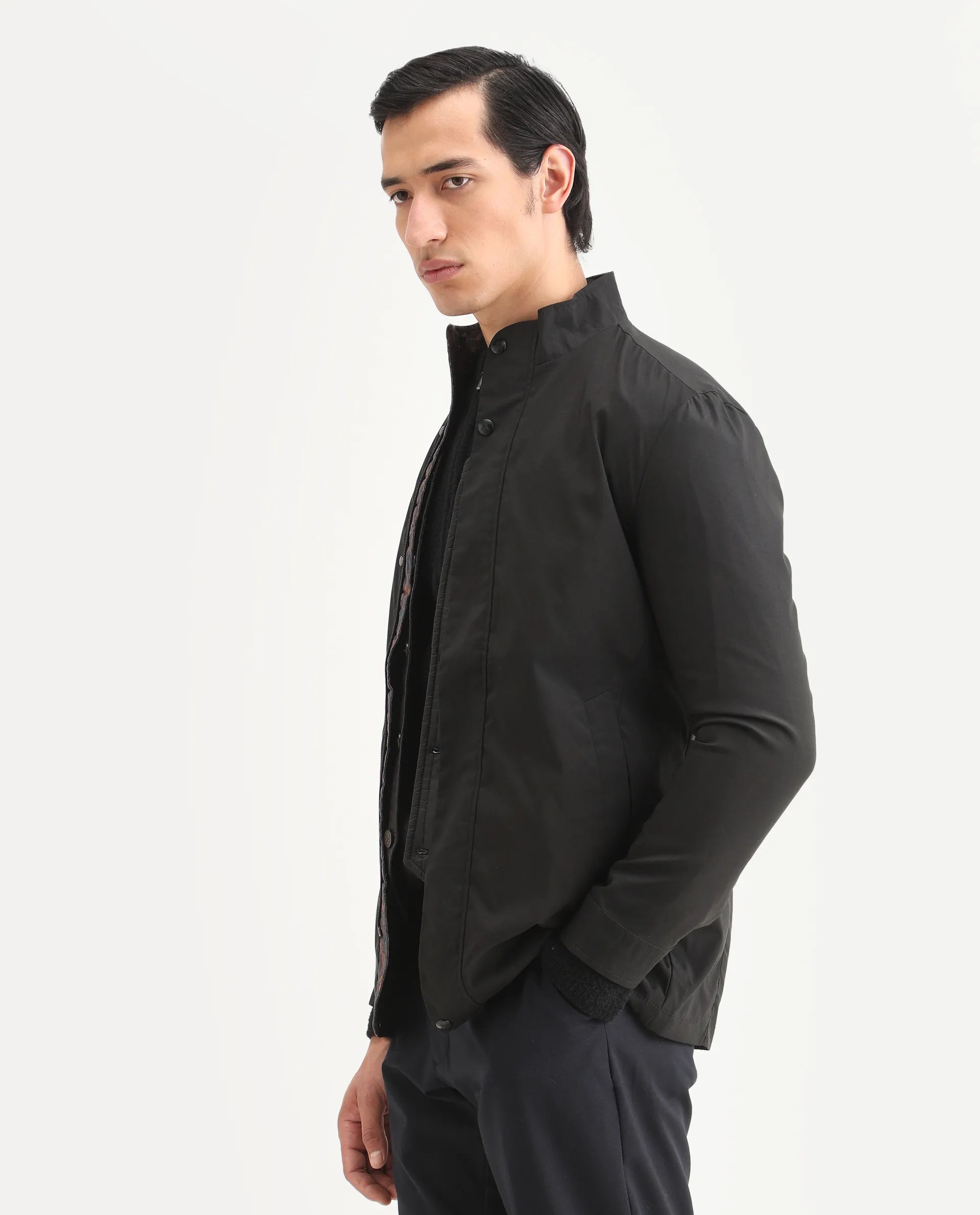 Rare Rabbit Men's Berry Black Polyester Plain Regular Fit Full Sleeve High Neck Jacket
