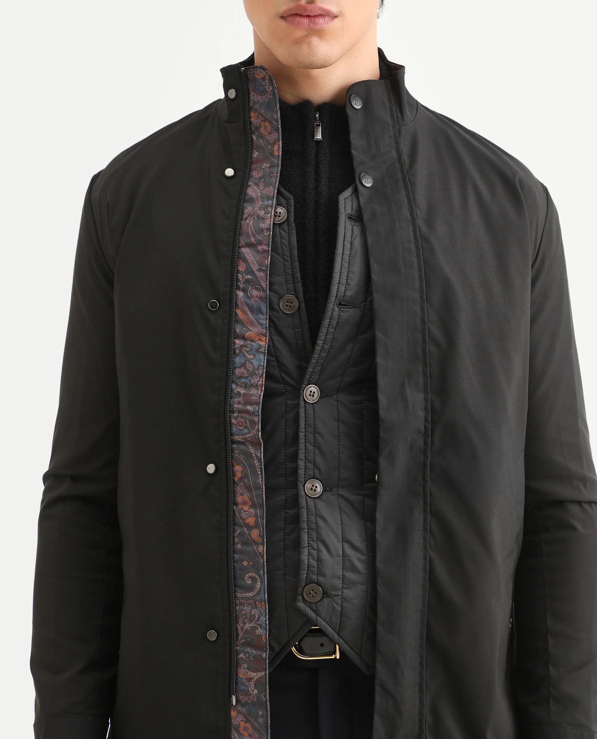 Rare Rabbit Men's Berry Black Polyester Plain Regular Fit Full Sleeve High Neck Jacket