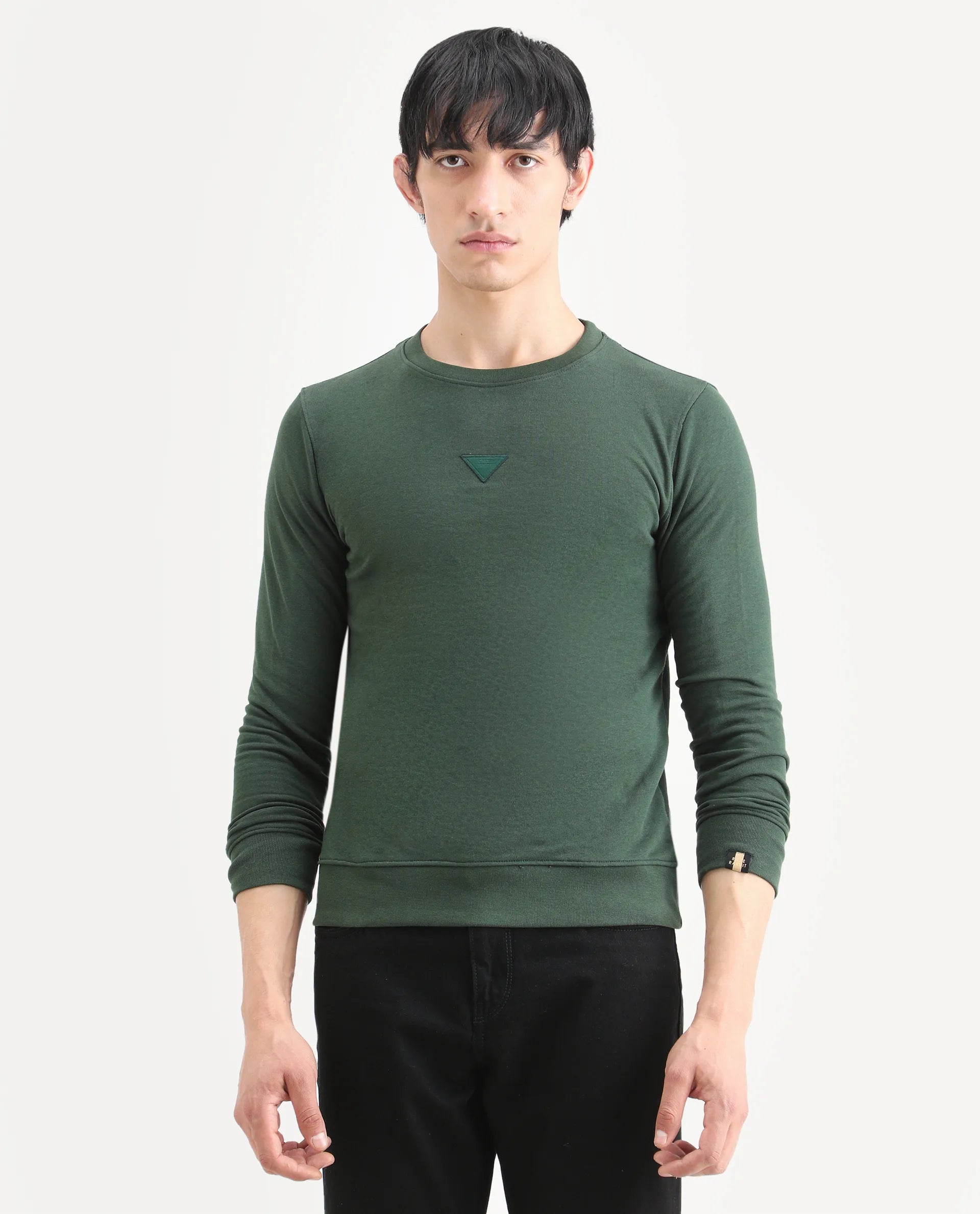 Rare Rabbit Men's Chara Green Cotton Plain Regular Fit Full Sleeve Crew Neck Sweatshirt