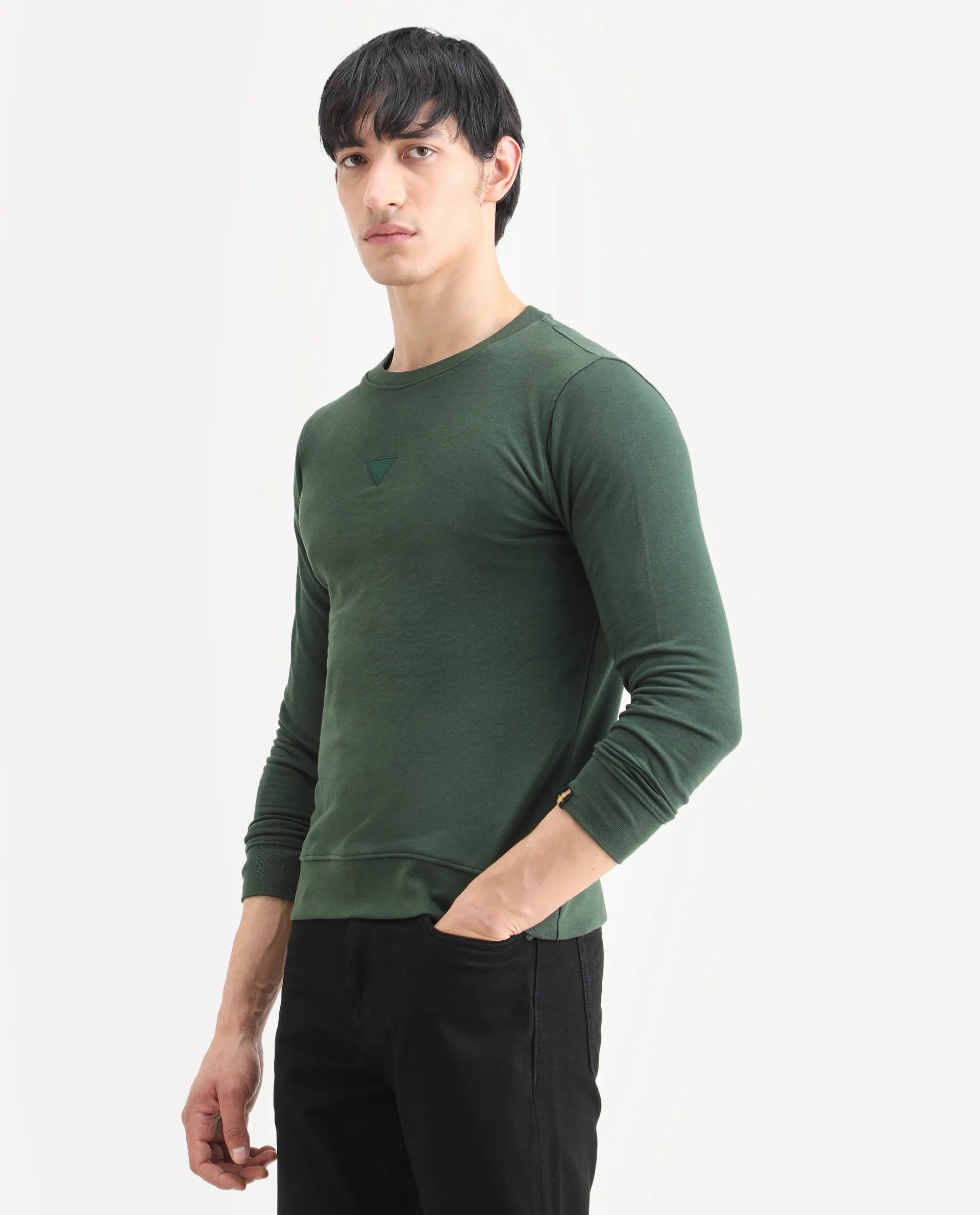 Rare Rabbit Men's Chara Green Cotton Plain Regular Fit Full Sleeve Crew Neck Sweatshirt