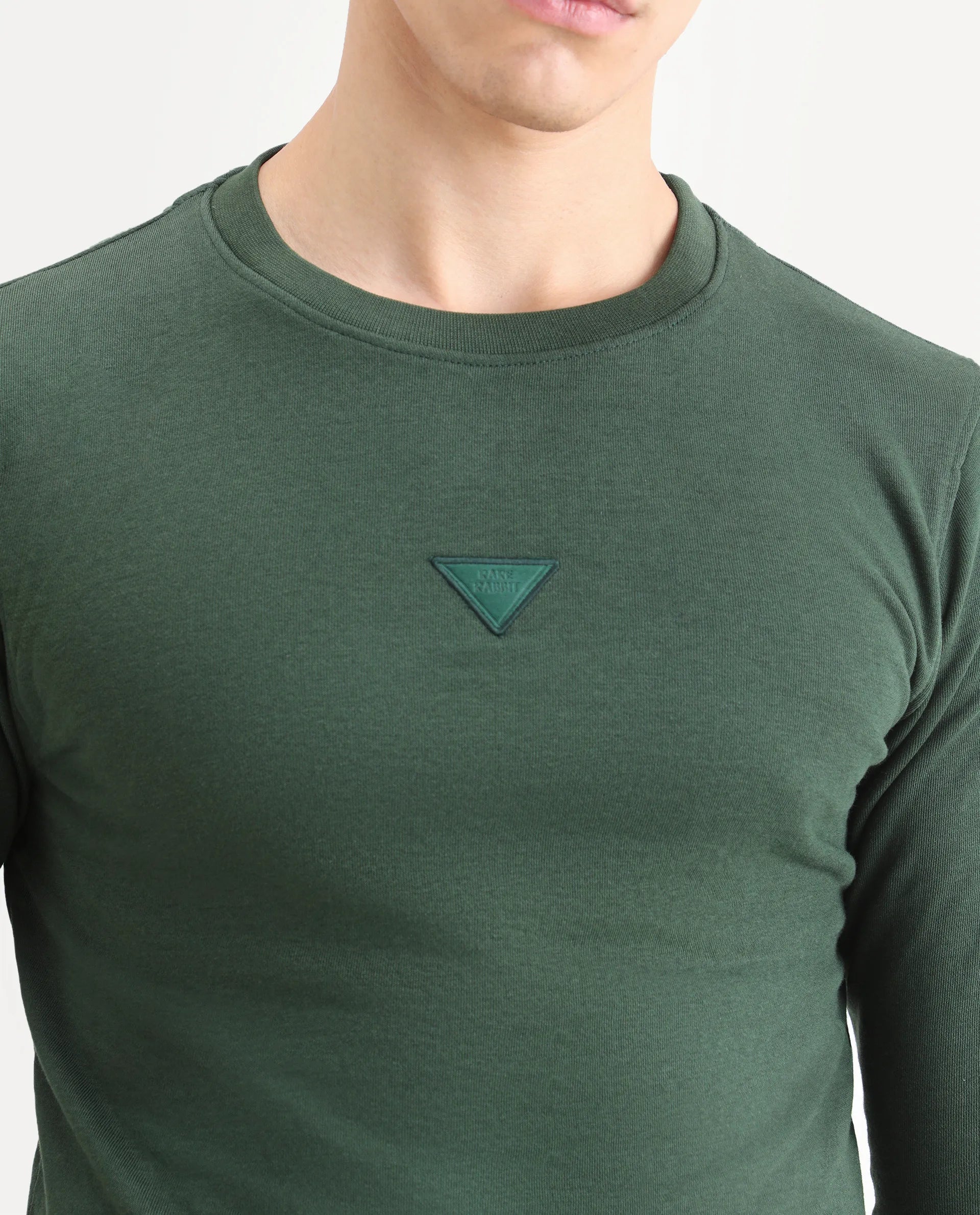 Rare Rabbit Men's Chara Green Cotton Plain Regular Fit Full Sleeve Crew Neck Sweatshirt