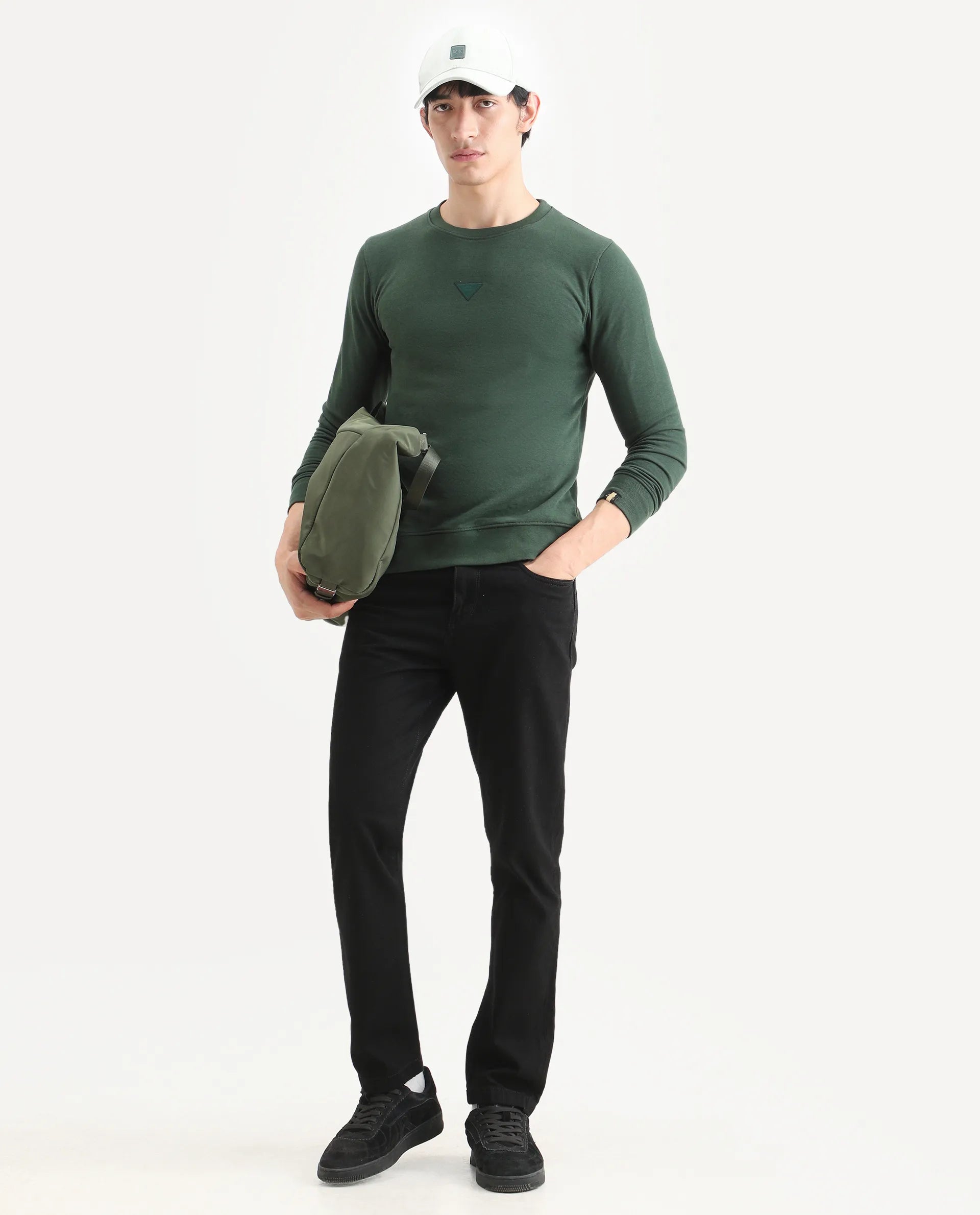 Rare Rabbit Men's Chara Green Cotton Plain Regular Fit Full Sleeve Crew Neck Sweatshirt