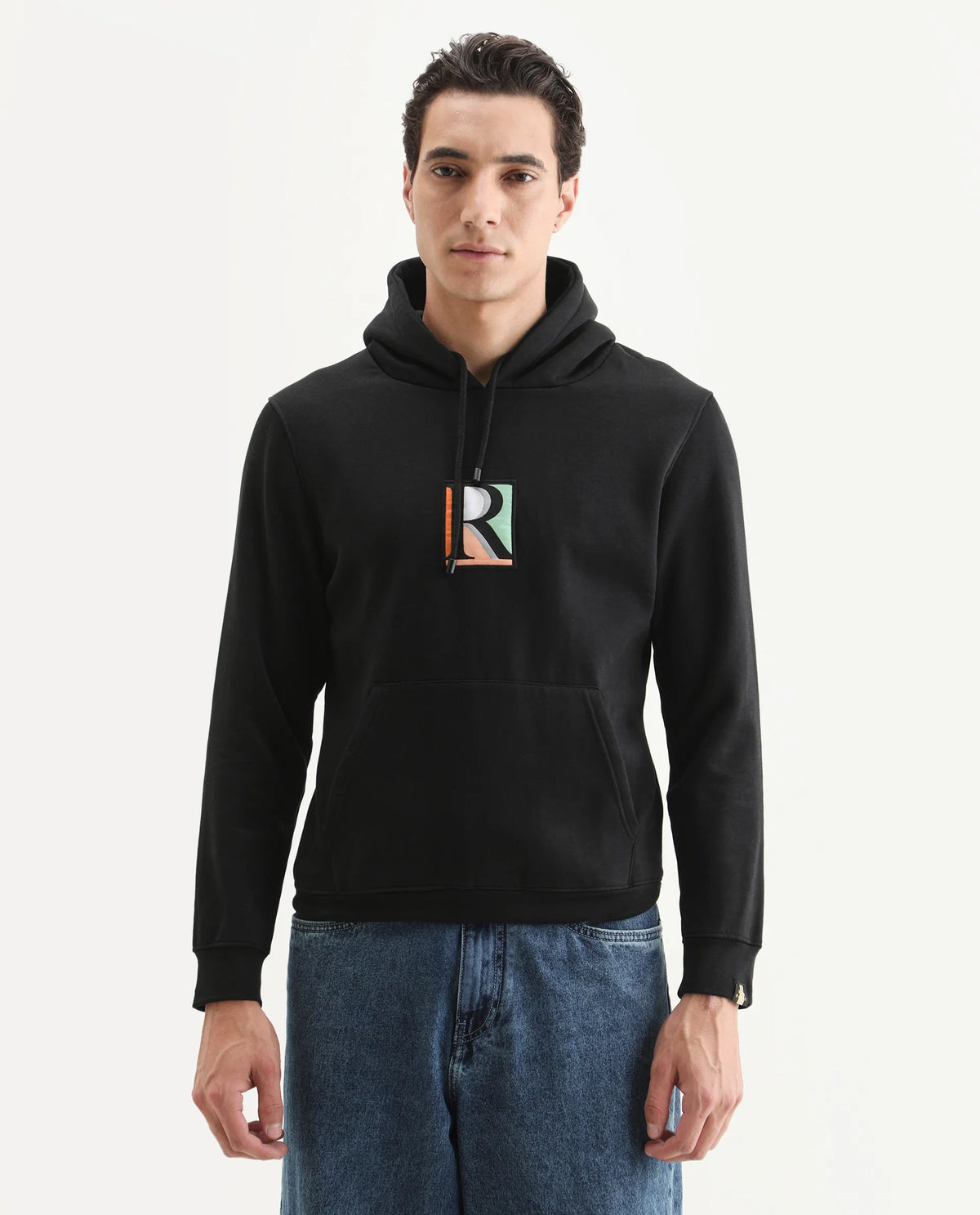 Rare Rabbit Men's Rouyza Black Cotton Graphic Print Slim Fit Full Sleeve Hooded Sweatshirt