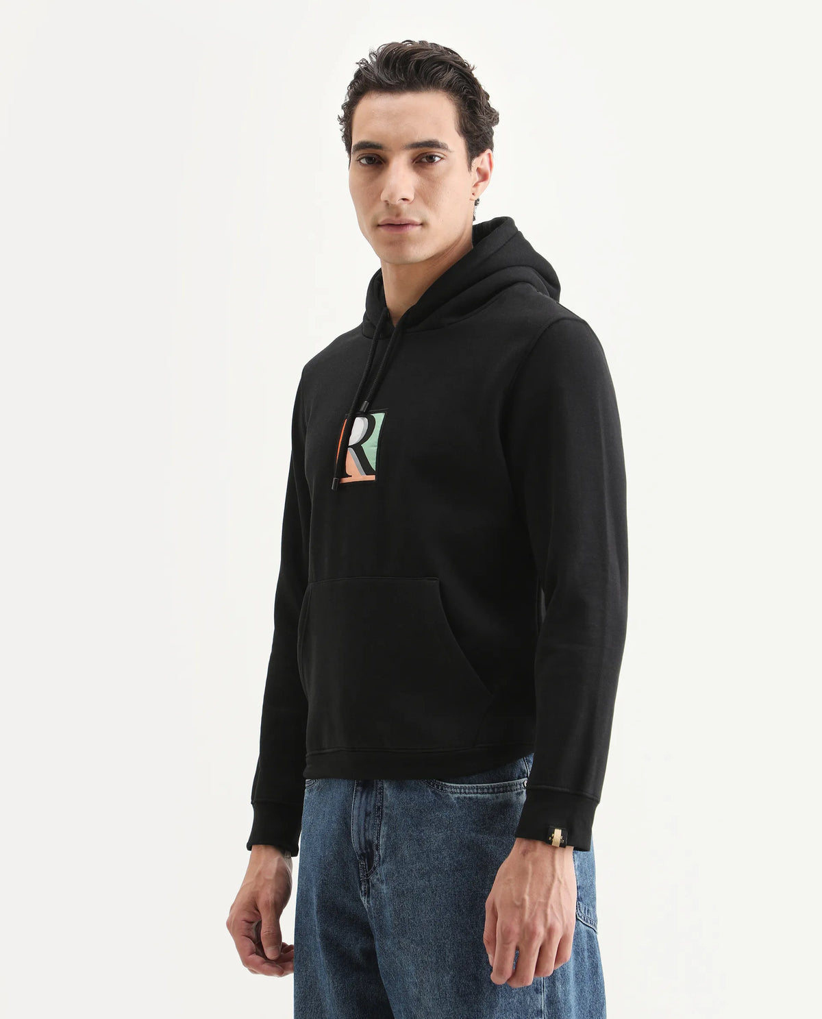 Rare Rabbit Men's Rouyza Black Cotton Graphic Print Slim Fit Full Sleeve Hooded Sweatshirt