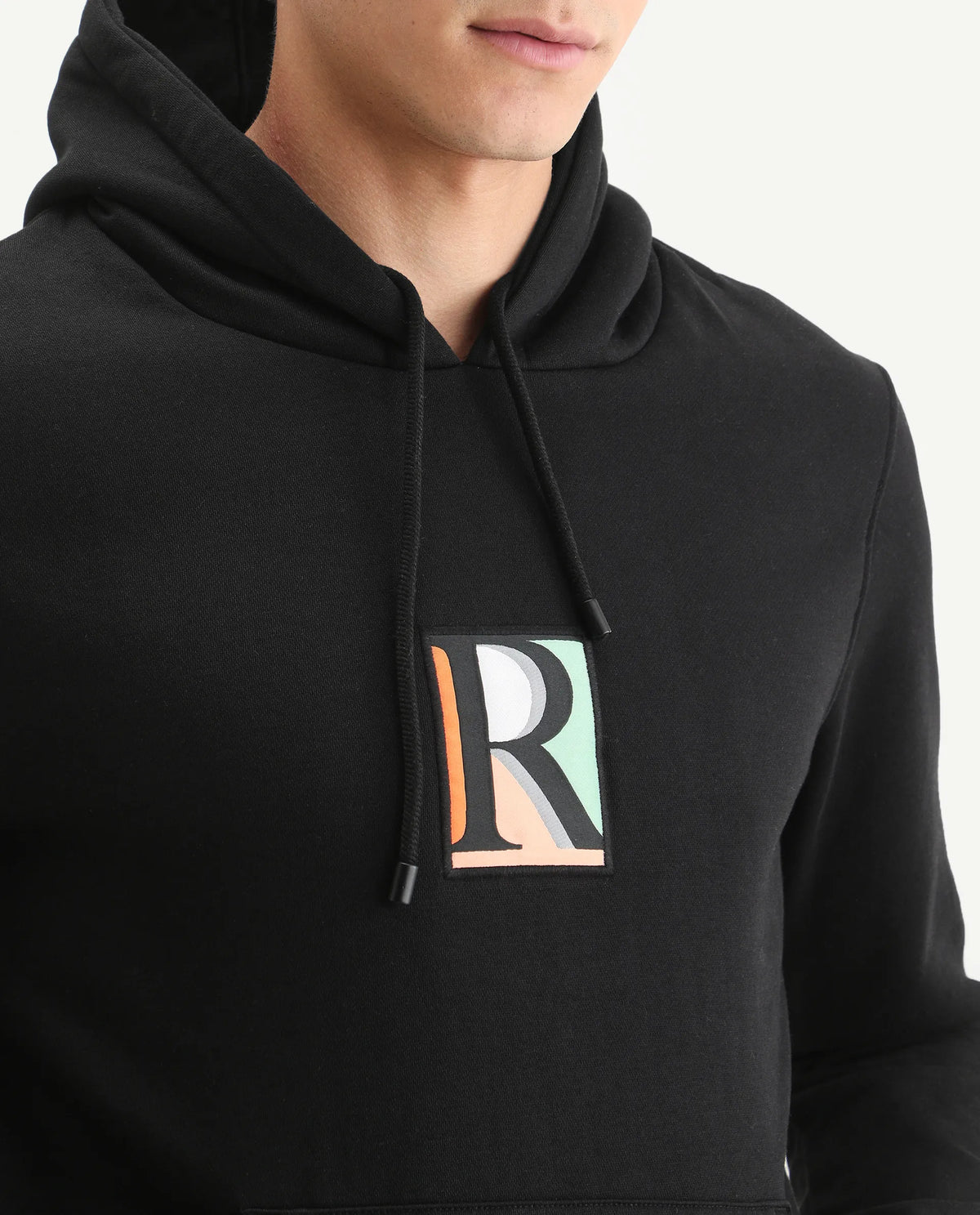 Rare Rabbit Men's Rouyza Black Cotton Graphic Print Slim Fit Full Sleeve Hooded Sweatshirt