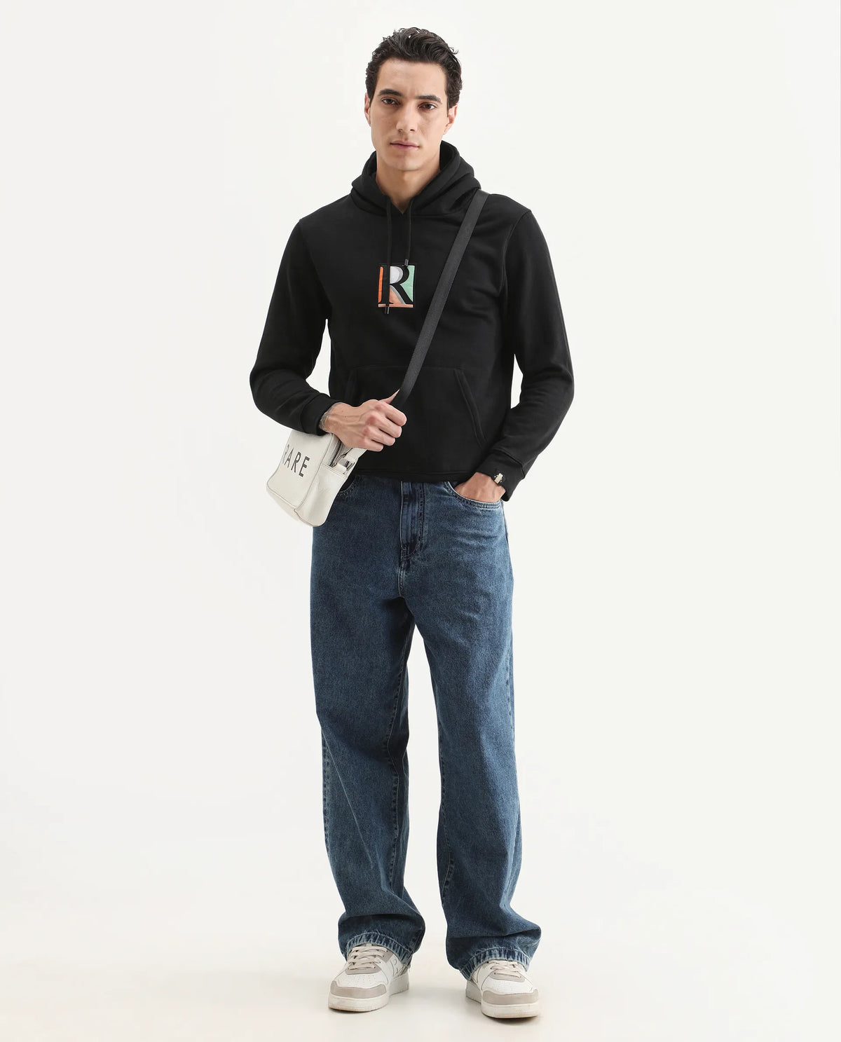 Rare Rabbit Men's Rouyza Black Cotton Graphic Print Slim Fit Full Sleeve Hooded Sweatshirt