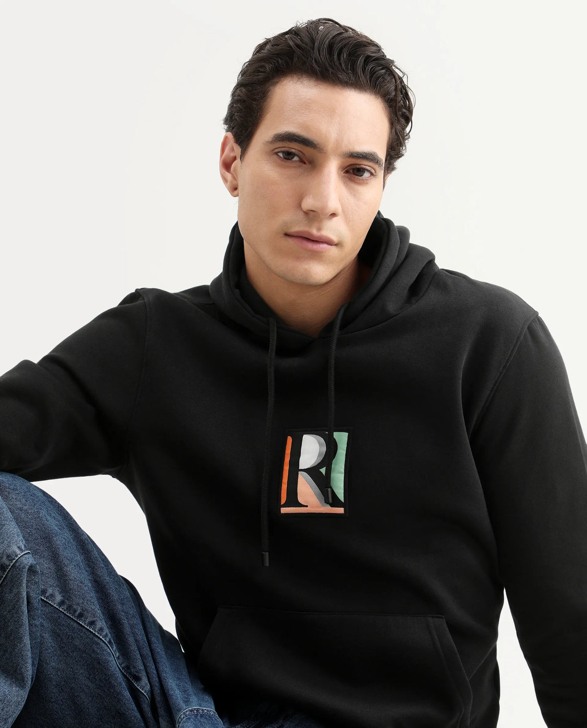 Rare Rabbit Men's Rouyza Black Cotton Graphic Print Slim Fit Full Sleeve Hooded Sweatshirt
