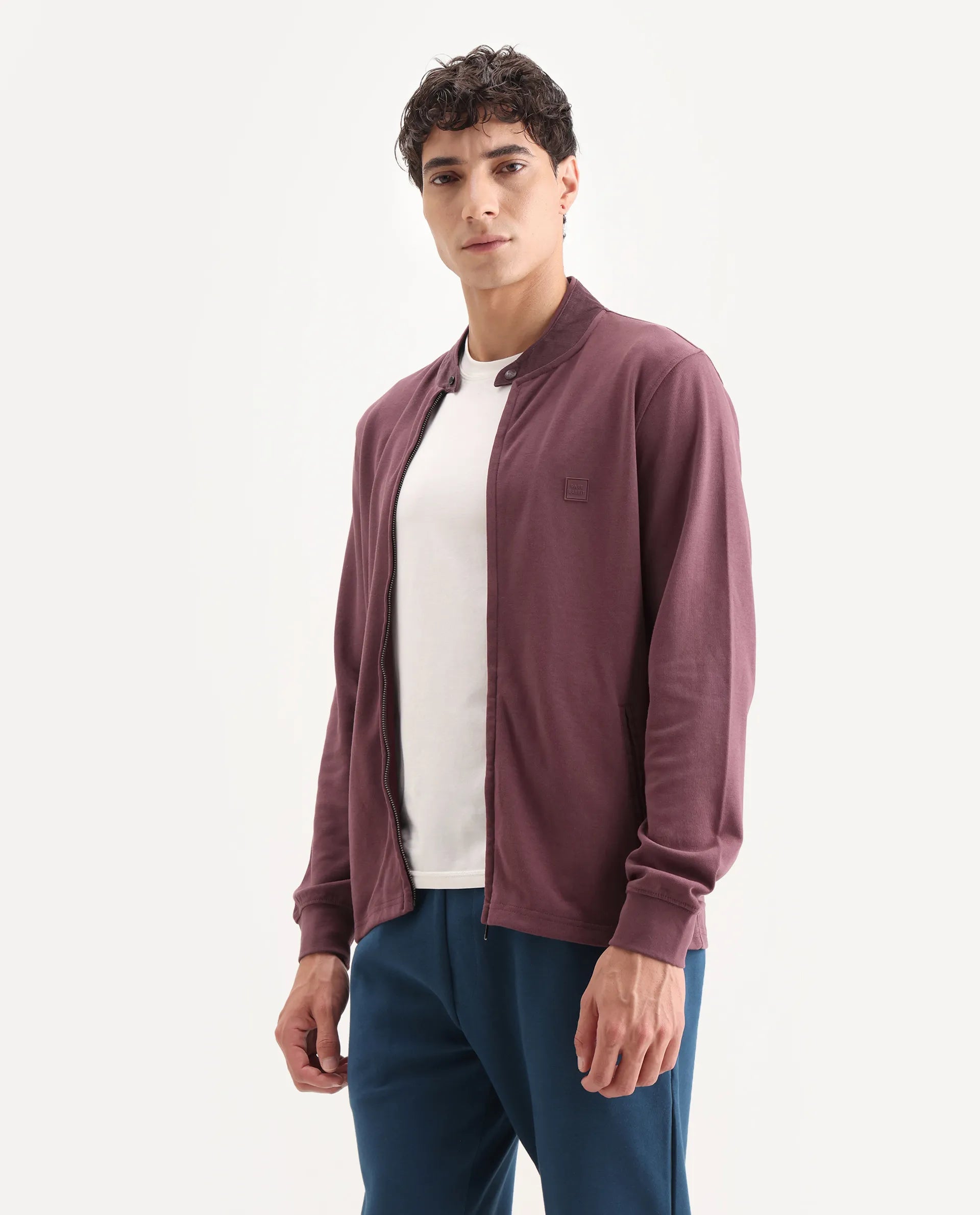 Rare Rabbit Men's Morris Maroon Cotton Plain Regular Fit Full Sleeve Mandarin Collar Jacket