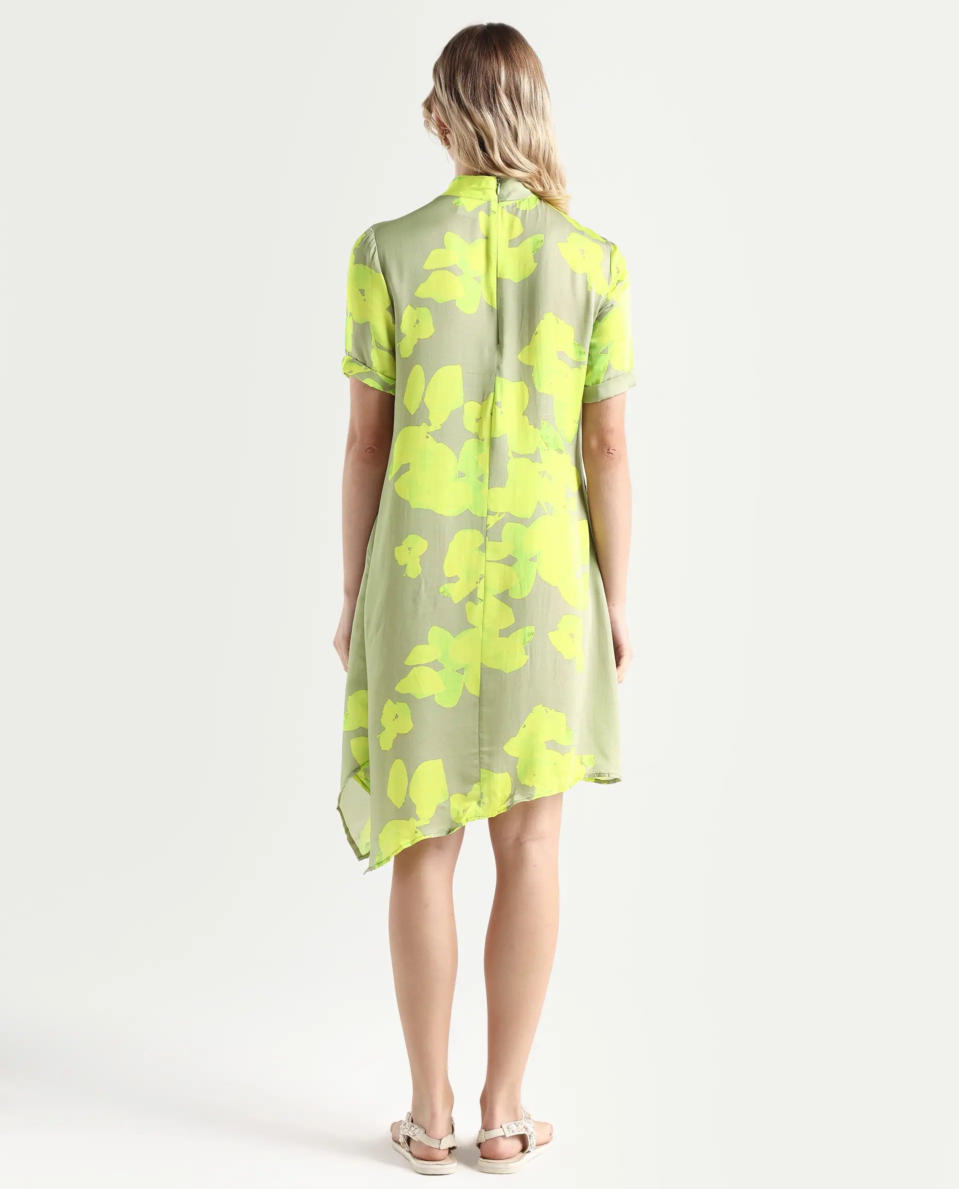 Rareism Women's Sprite Yellow Modal High Neck Abstract Print Knee Length Regular Fit Dress