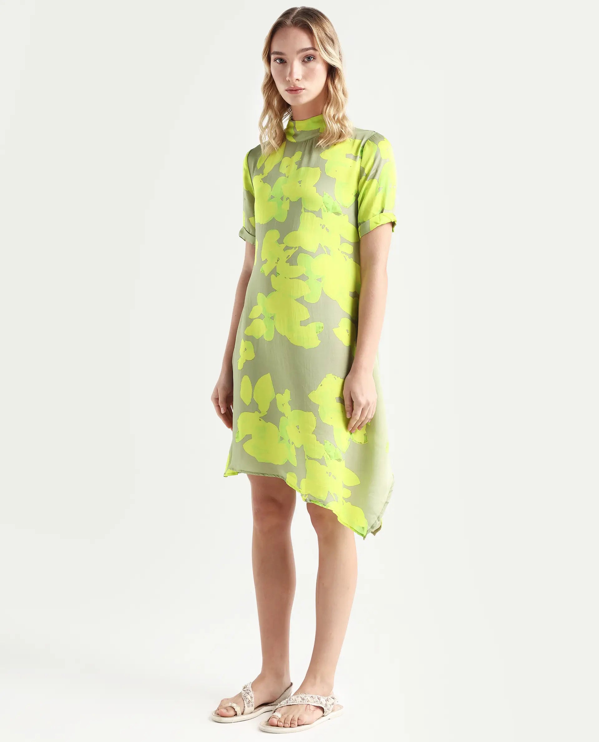 Rareism Women's Sprite Yellow Modal High Neck Abstract Print Knee Length Regular Fit Dress