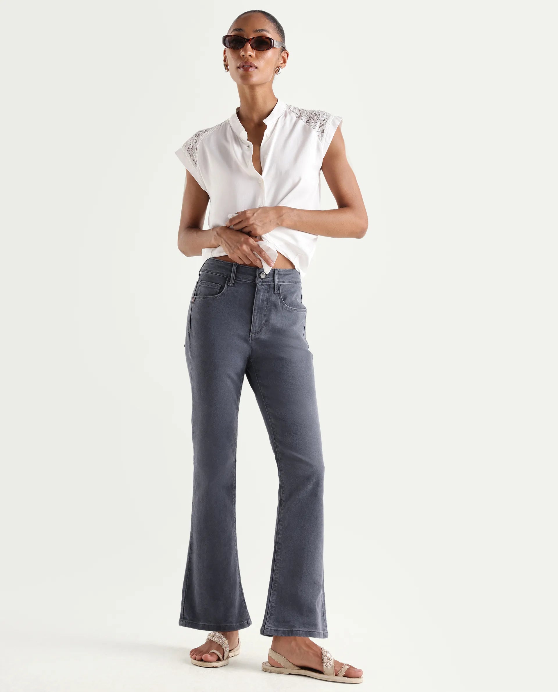 Rareism Women's Booter Grey Cotton Blend Plain Ankle Length CLASSIC BOOTCUT Jeans