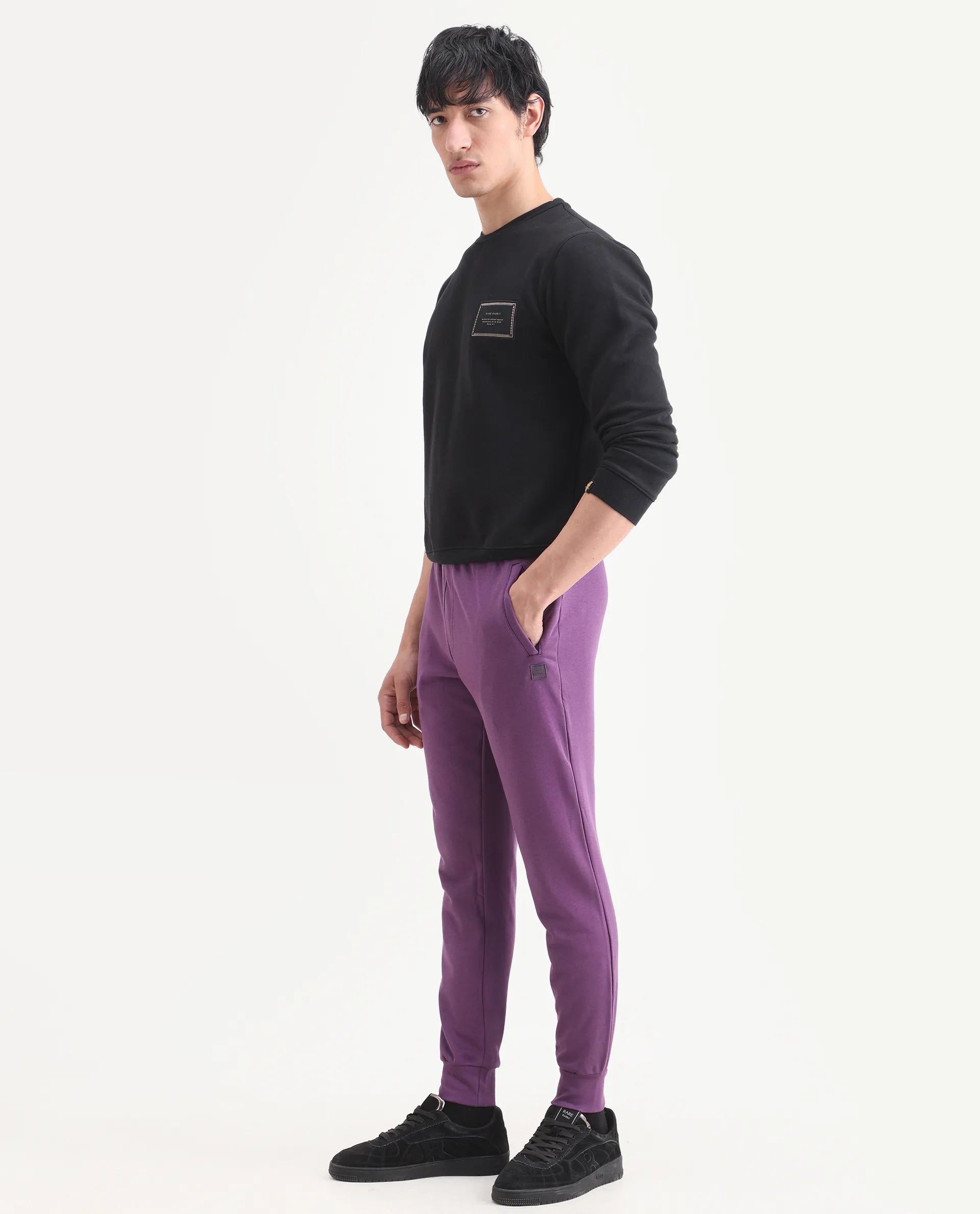 Rare Rabbit Men's Arvon Purple Cotton Plain Regular Fit Track Pant