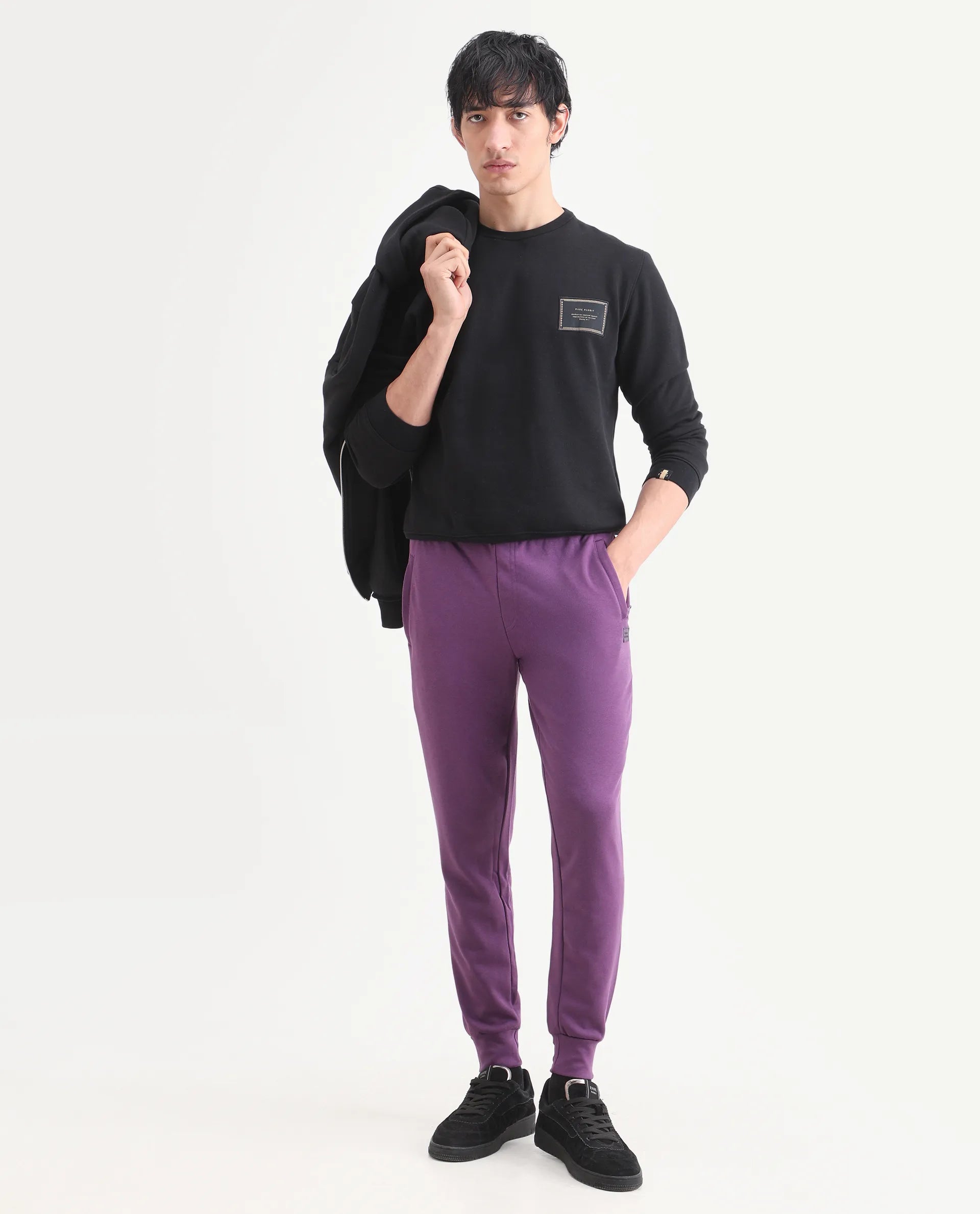 Rare Rabbit Men's Arvon Purple Cotton Plain Regular Fit Track Pant