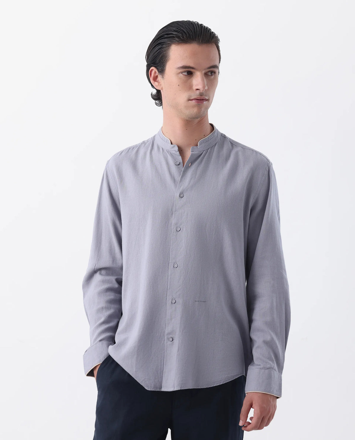 Rare Rabbit Men's Manderin Purple Linen Blend Plain Regular Fit Full Sleeve Mandarin Collar Shirt