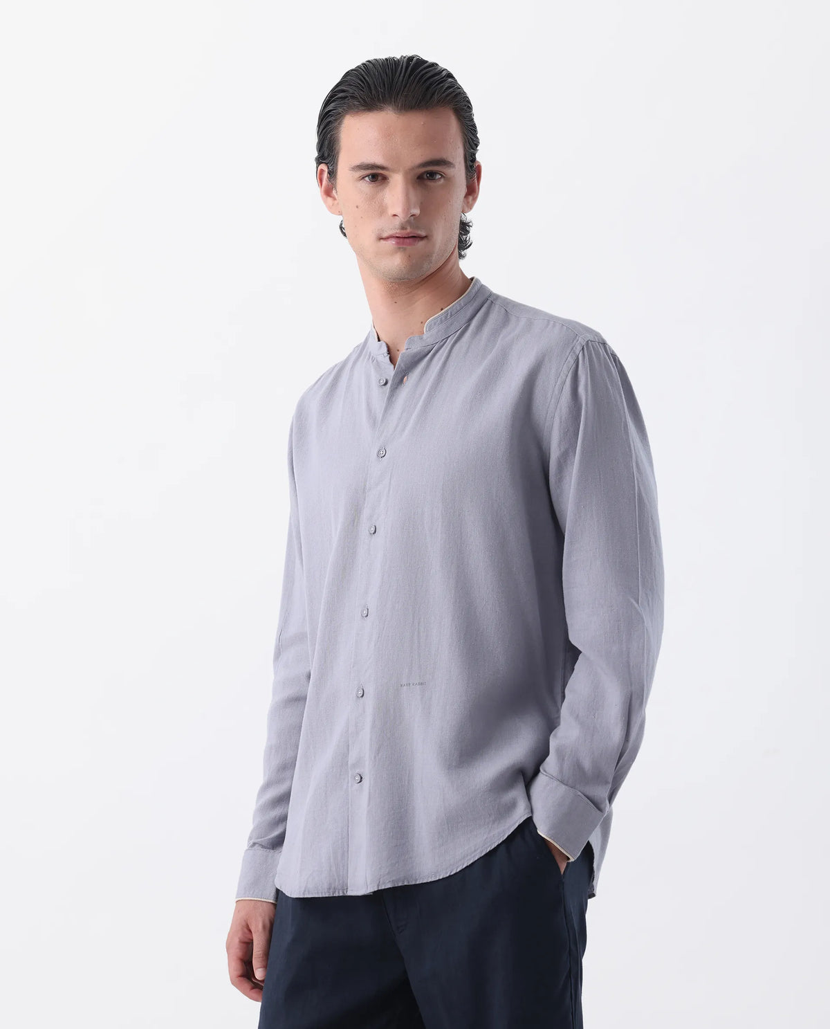 Rare Rabbit Men's Manderin Purple Linen Blend Plain Regular Fit Full Sleeve Mandarin Collar Shirt