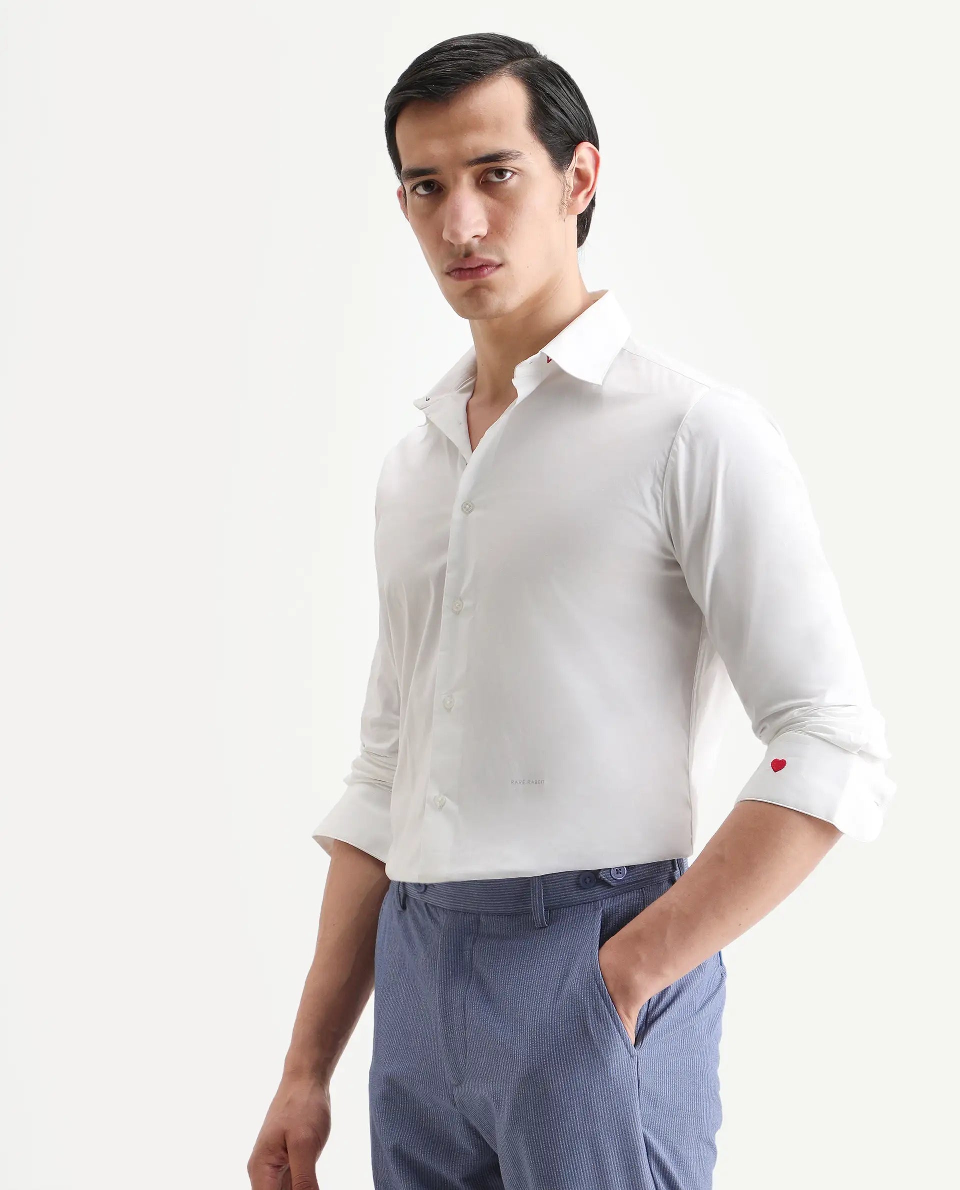 Rare Rabbit Men's I Love U White Cotton Embroidered Regular Fit Full Sleeve Collared Shirt