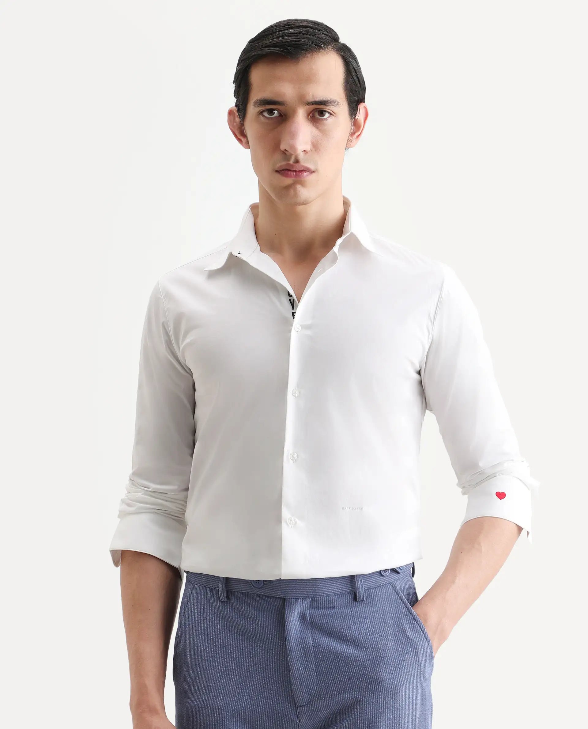 Rare Rabbit Men's I Love U White Cotton Embroidered Regular Fit Full Sleeve Collared Shirt