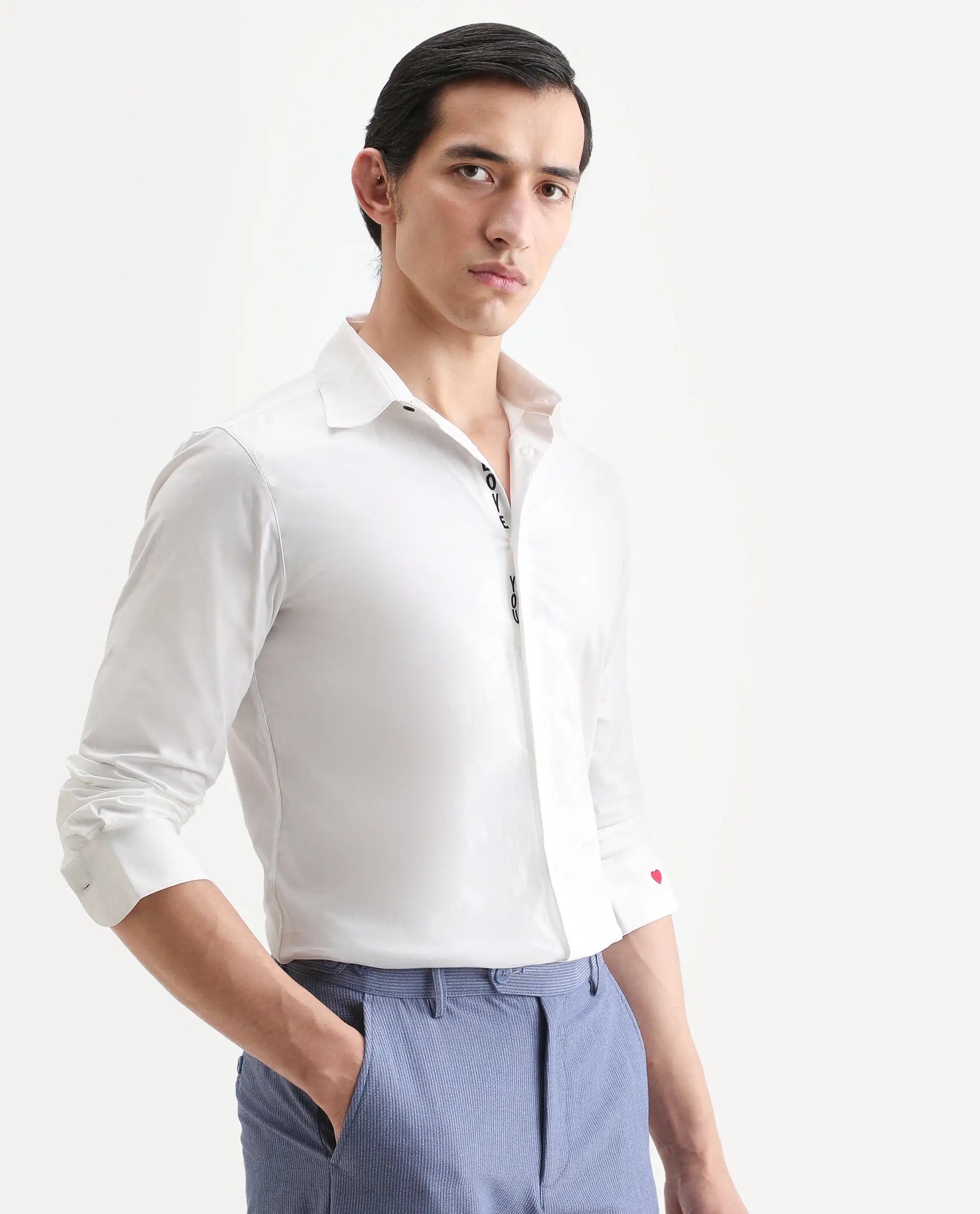 Rare Rabbit Men's I Love U White Cotton Embroidered Regular Fit Full Sleeve Collared Shirt