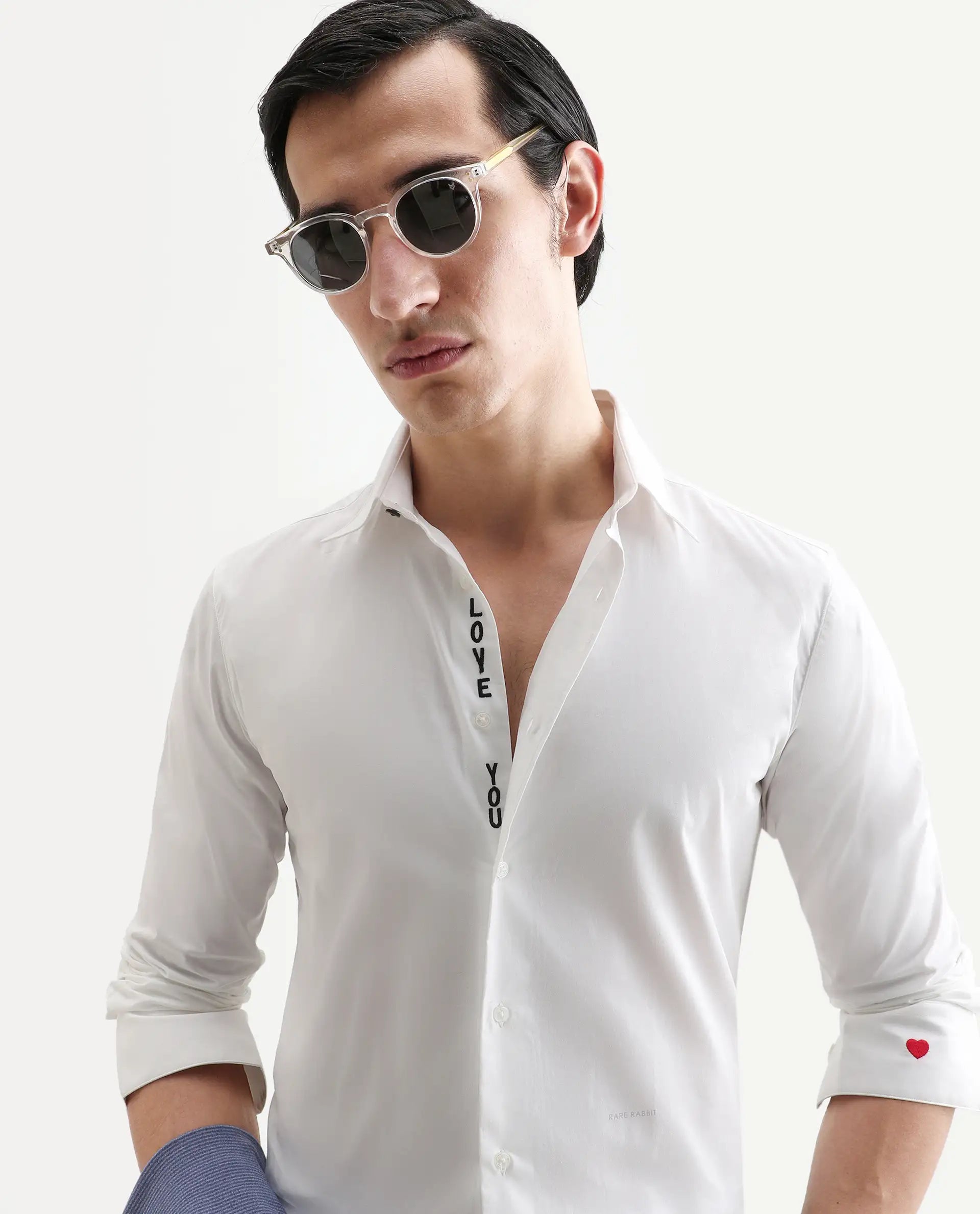 Rare Rabbit Men's I Love U White Cotton Embroidered Regular Fit Full Sleeve Collared Shirt