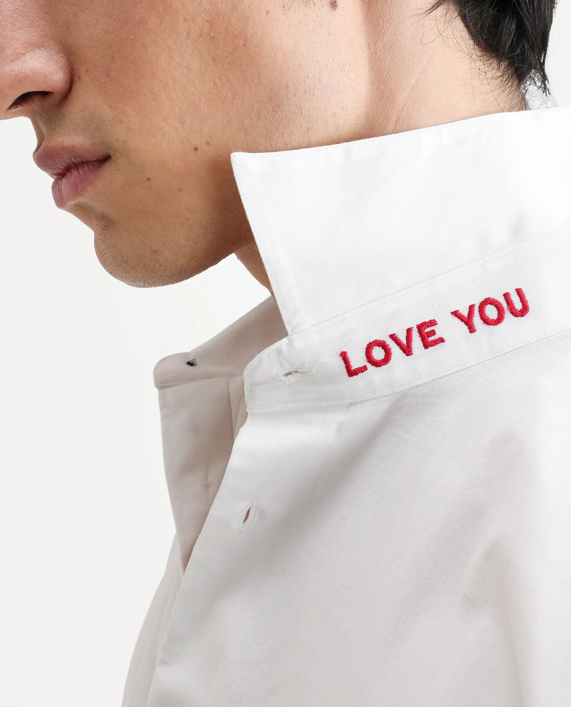 Rare Rabbit Men's I Love U White Cotton Embroidered Regular Fit Full Sleeve Collared Shirt