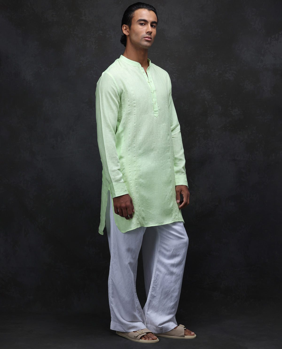 Rare Rabbit Men's President Lime 100% Linen Plain Regular Fit Full Sleeve Mandarin Collar Kurta