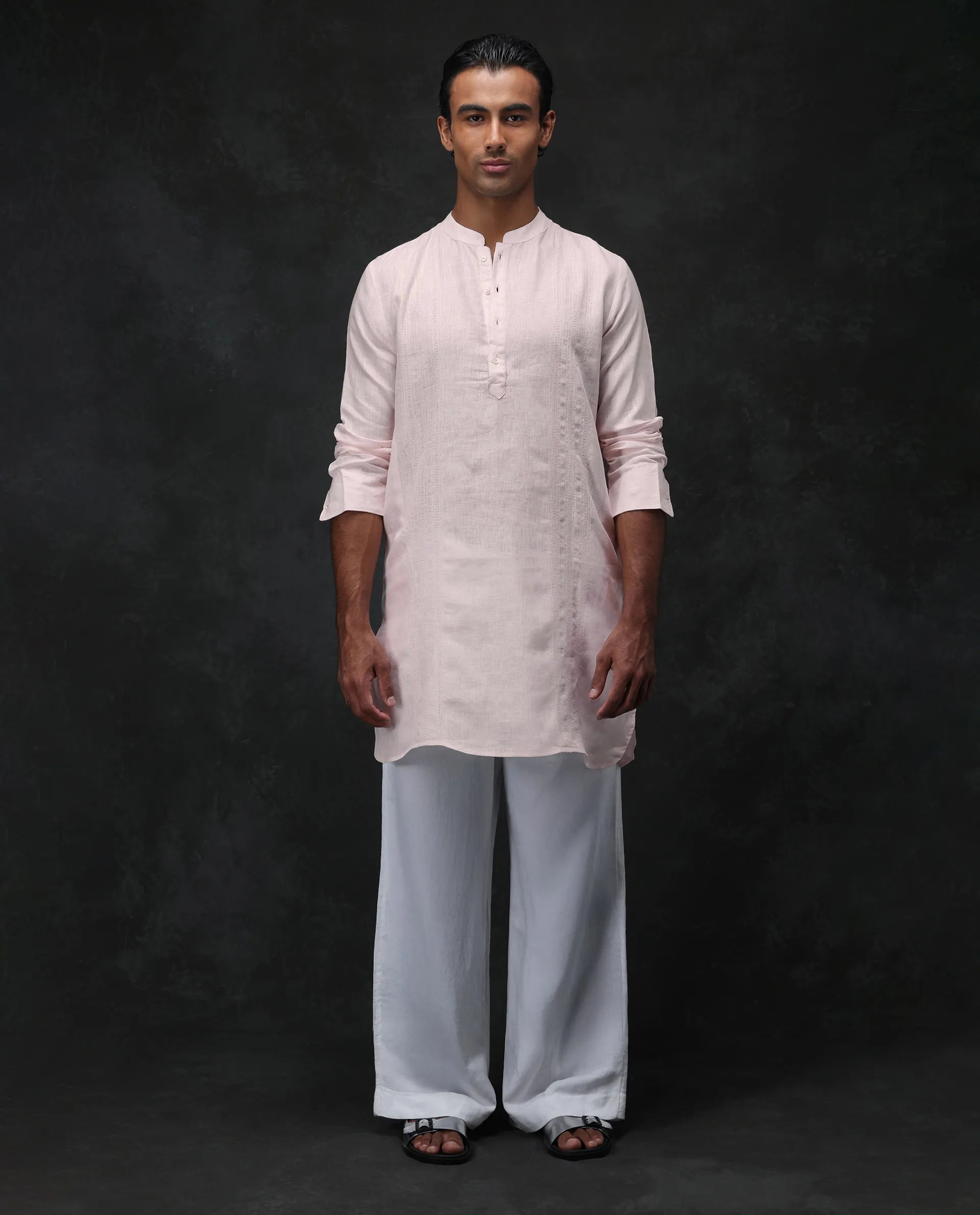 Rare Rabbit Men's President Pink 100% Linen Plain Regular Fit Full Sleeve Mandarin Collar Kurta