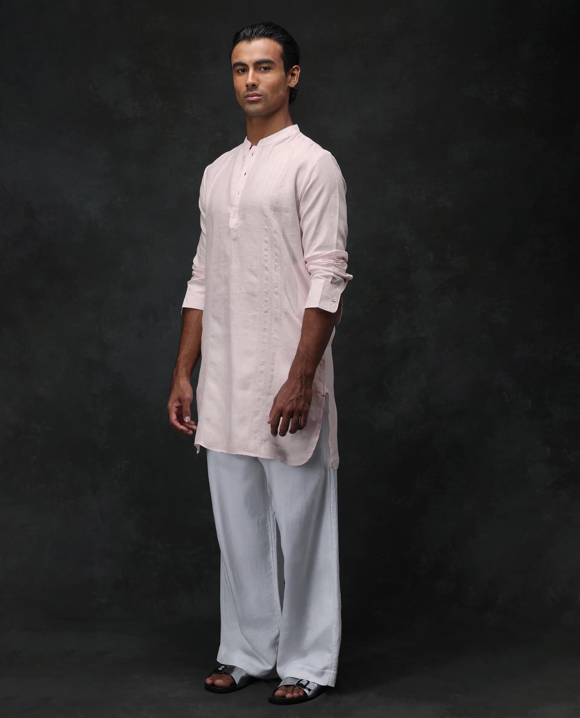 Rare Rabbit Men's President Pink 100% Linen Plain Regular Fit Full Sleeve Mandarin Collar Kurta