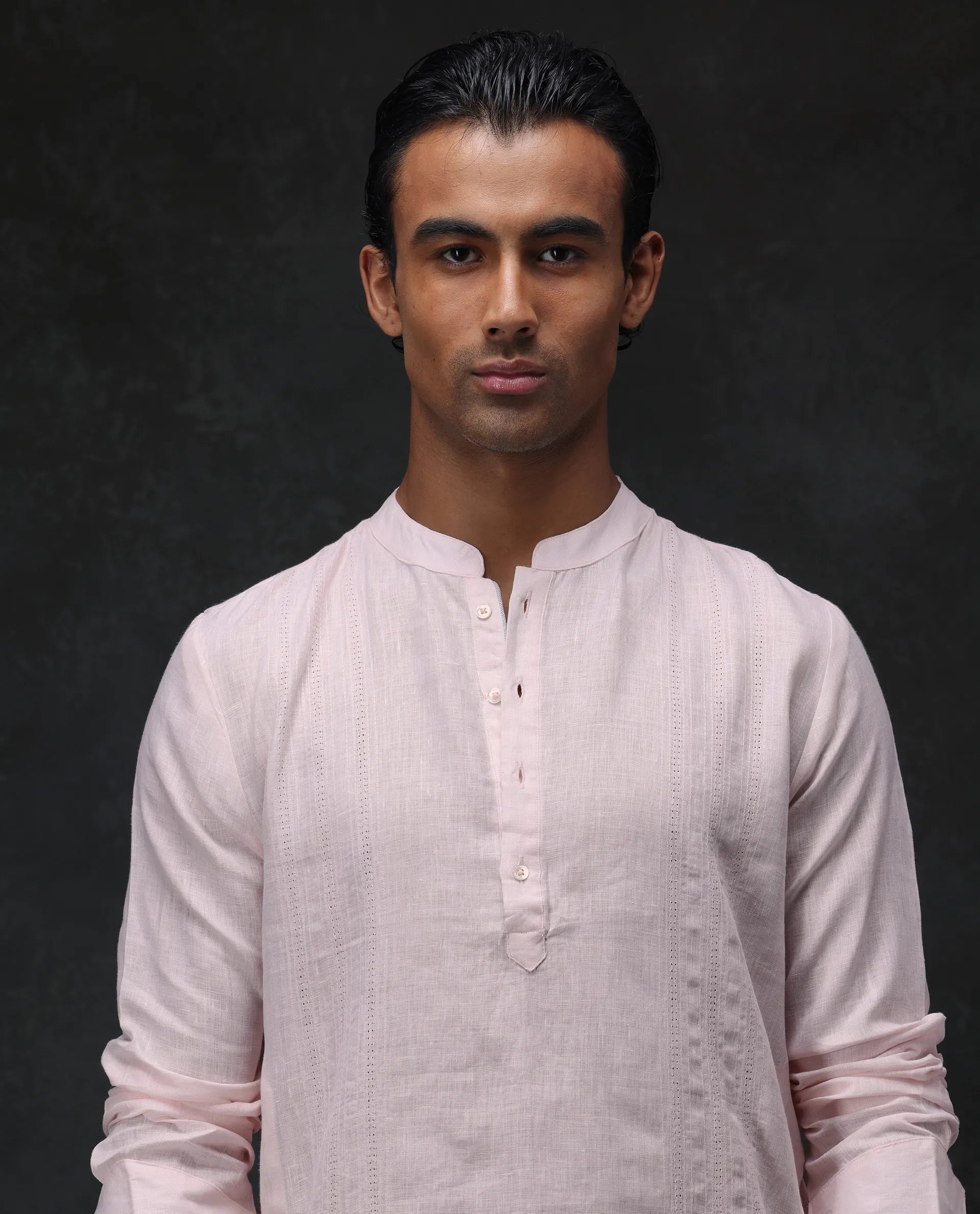 Rare Rabbit Men's President Pink 100% Linen Plain Regular Fit Full Sleeve Mandarin Collar Kurta