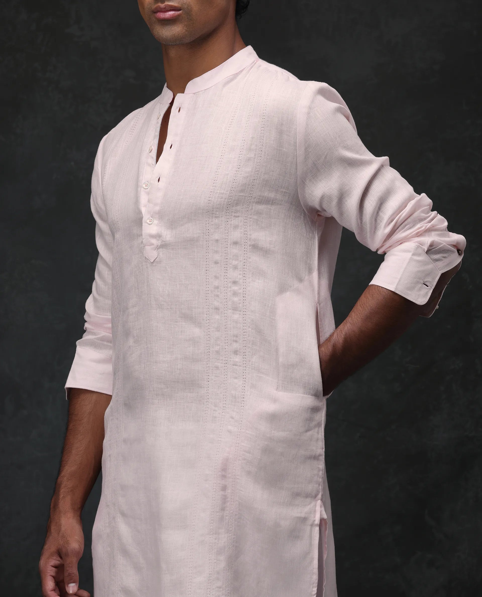 Rare Rabbit Men's President Pink 100% Linen Plain Regular Fit Full Sleeve Mandarin Collar Kurta