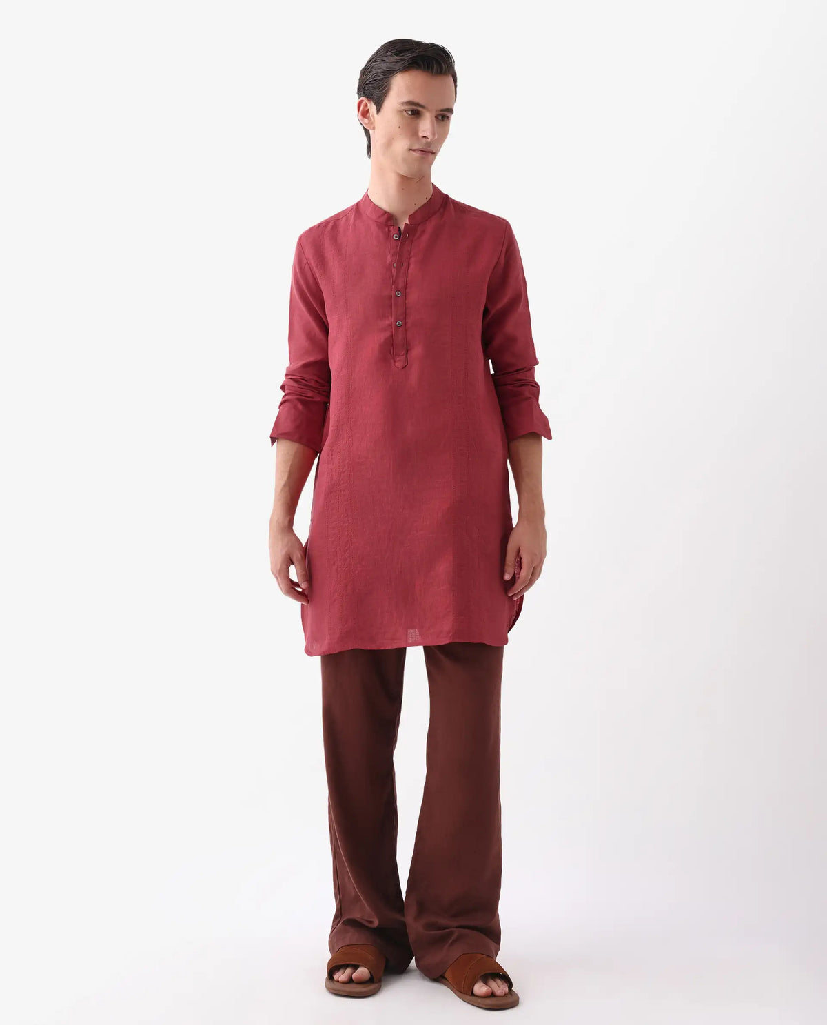 Rare Rabbit Men's President Red 100% Linen Plain Regular Fit Full Sleeve Mandarin Collar Kurta