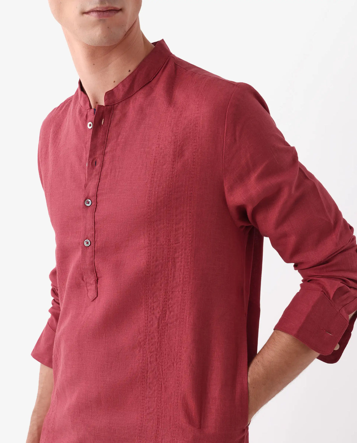 Rare Rabbit Men's President Red 100% Linen Plain Regular Fit Full Sleeve Mandarin Collar Kurta