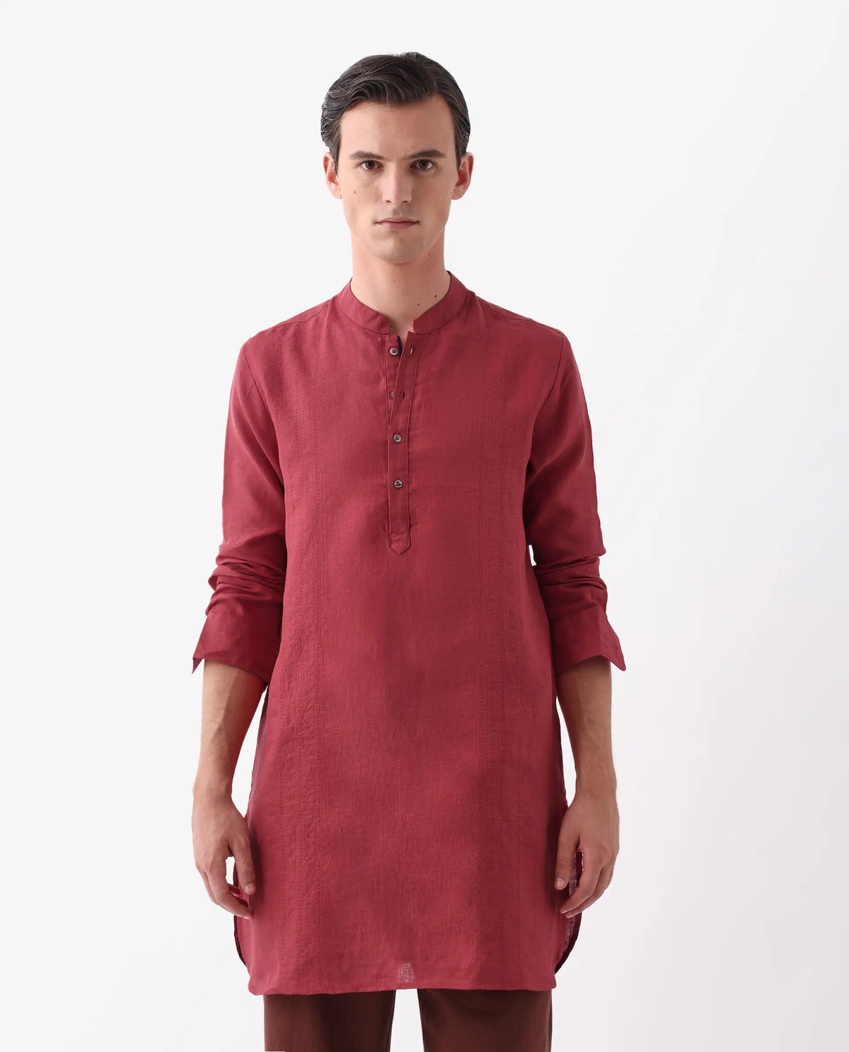 Rare Rabbit Men's President Red 100% Linen Plain Regular Fit Full Sleeve Mandarin Collar Kurta