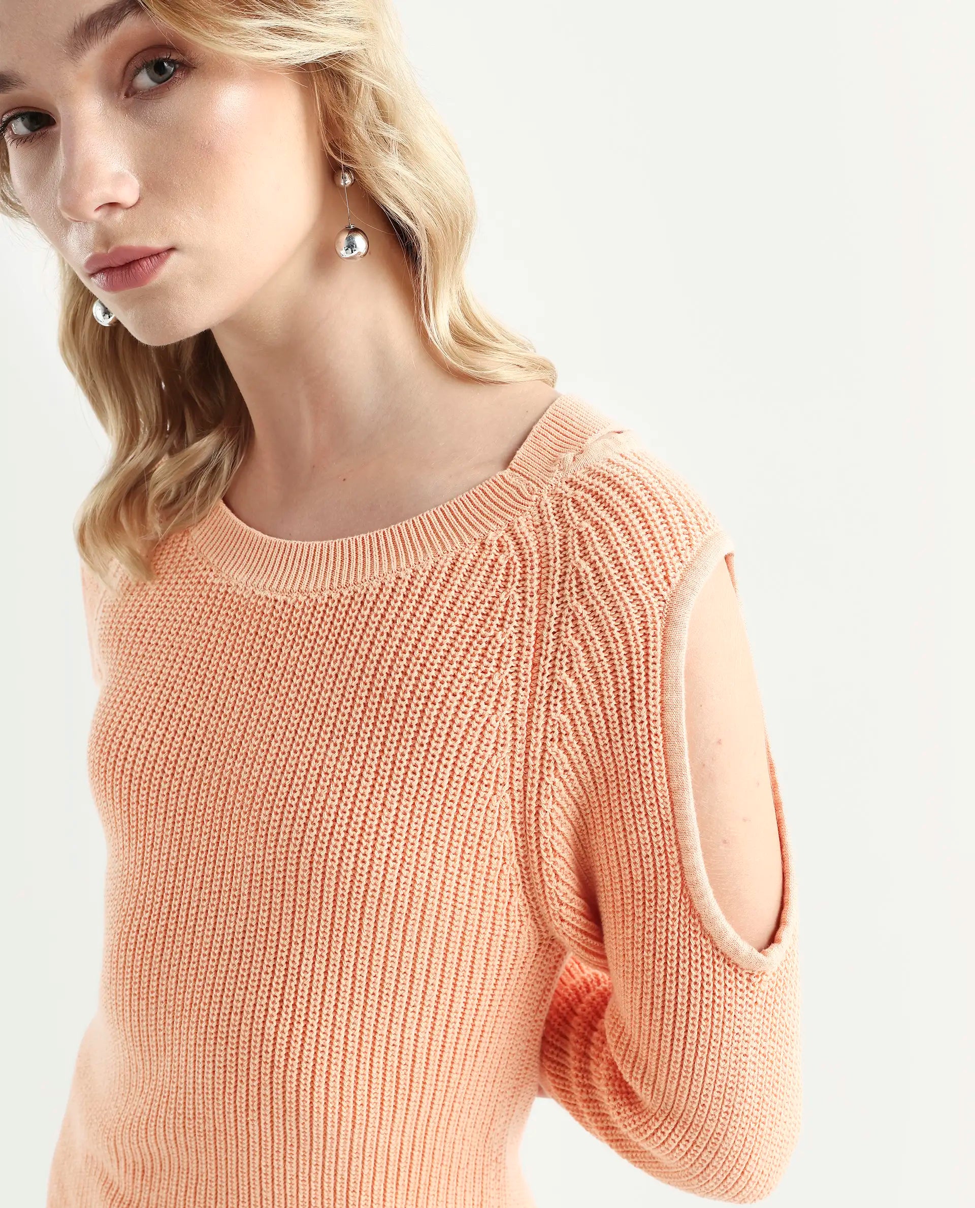 Rareism Women's Cold Orange Cotton Boat Neck Plain Slim Fit Sweater