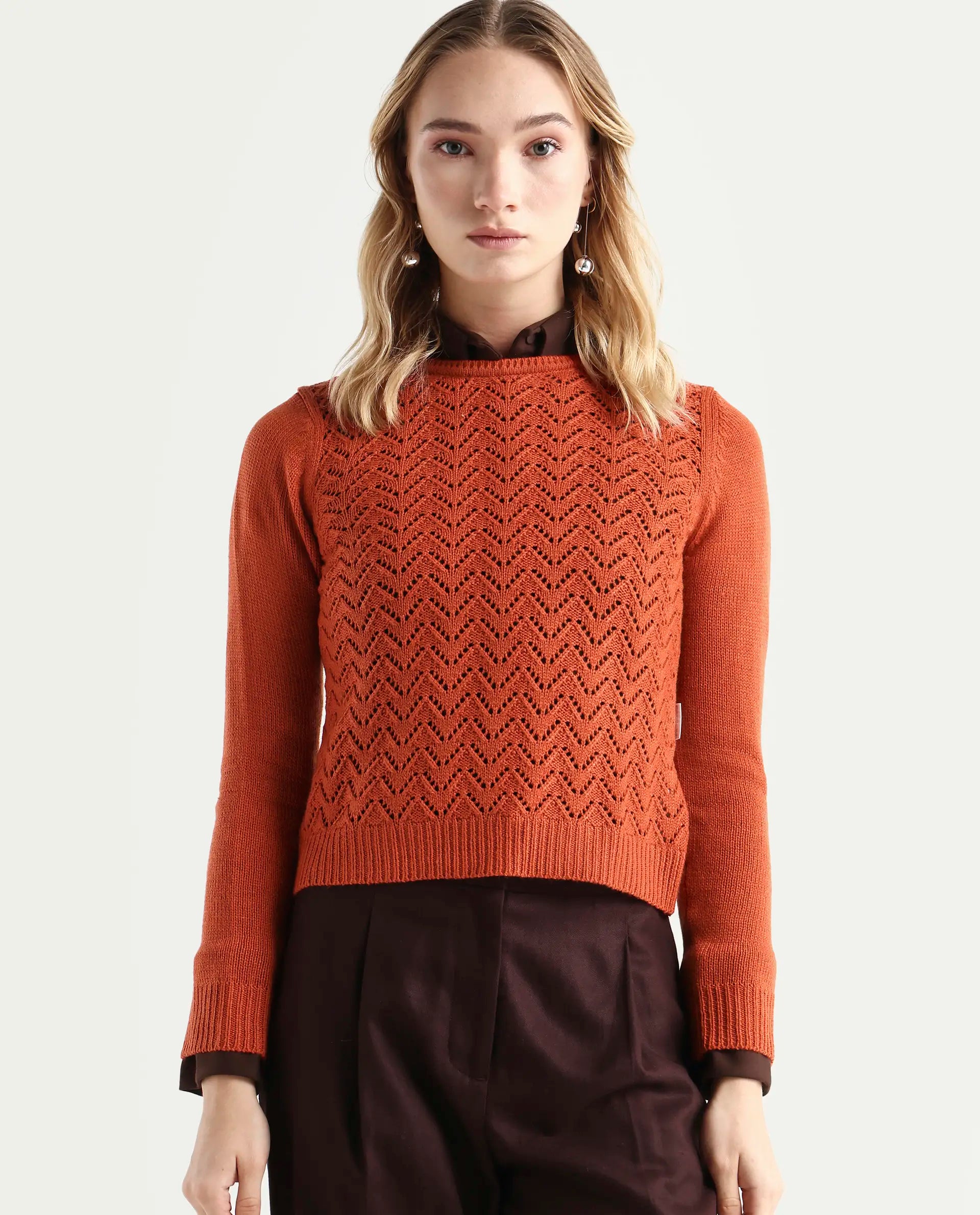 Rareism Women's Sami Orange Acrylic Crew Neck Plain Slim Fit Sweater