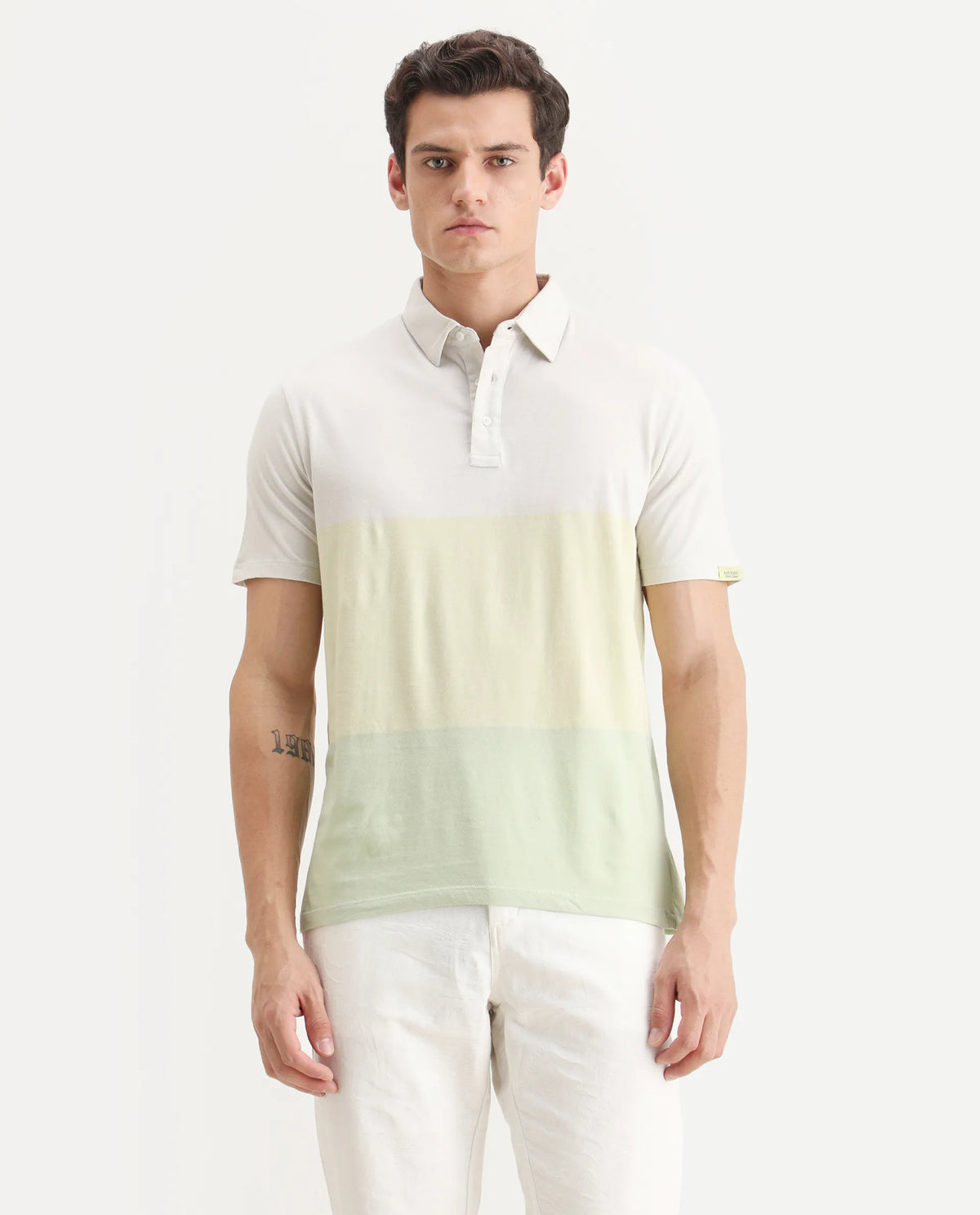 Rare Rabbit Men's Blocky Green Cotton Ombre Slim Fit Half Sleeve Polo