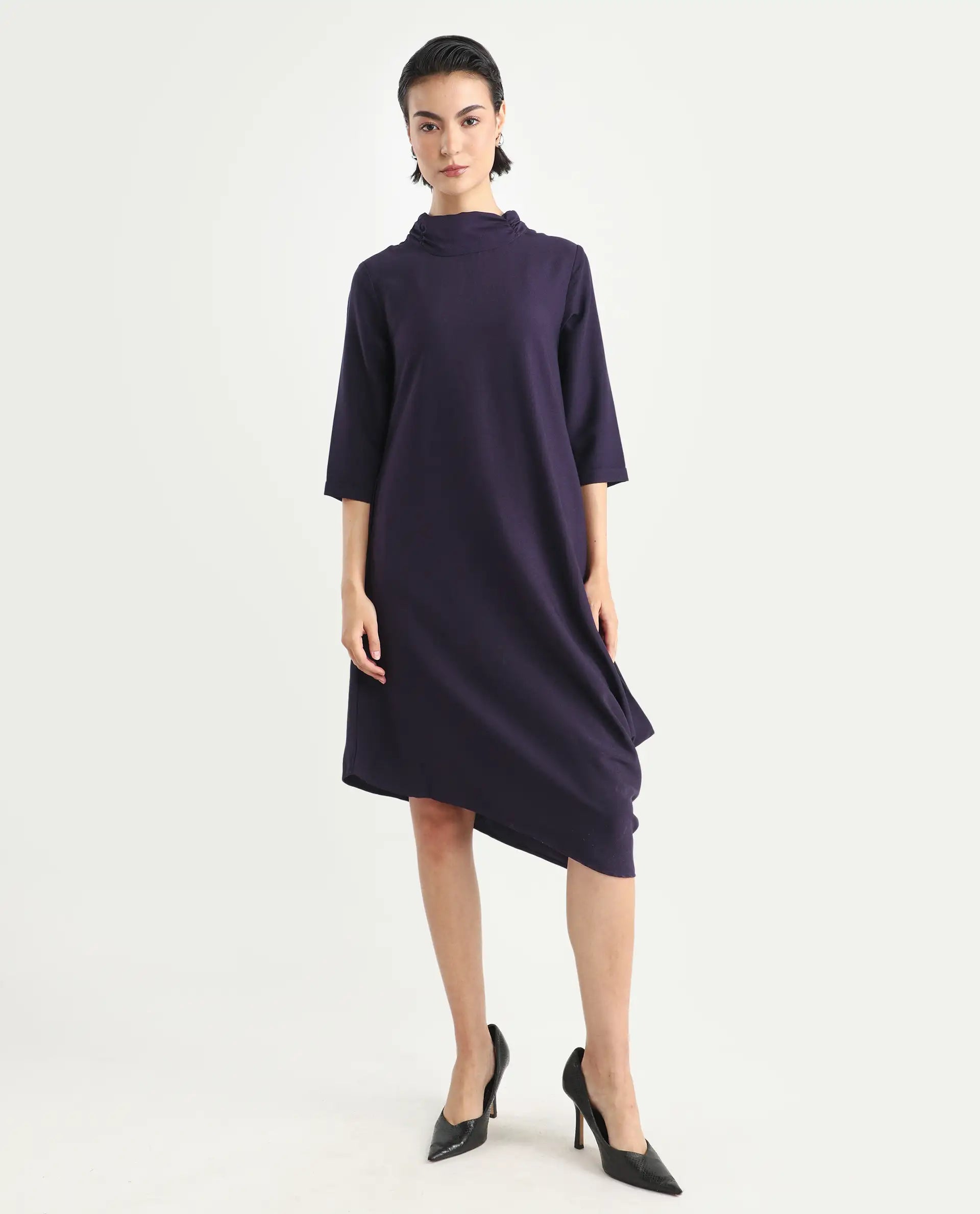 Rareism Women's Sullivan Purple Polyester High Neck Plain Knee Length Regular Fit Dress