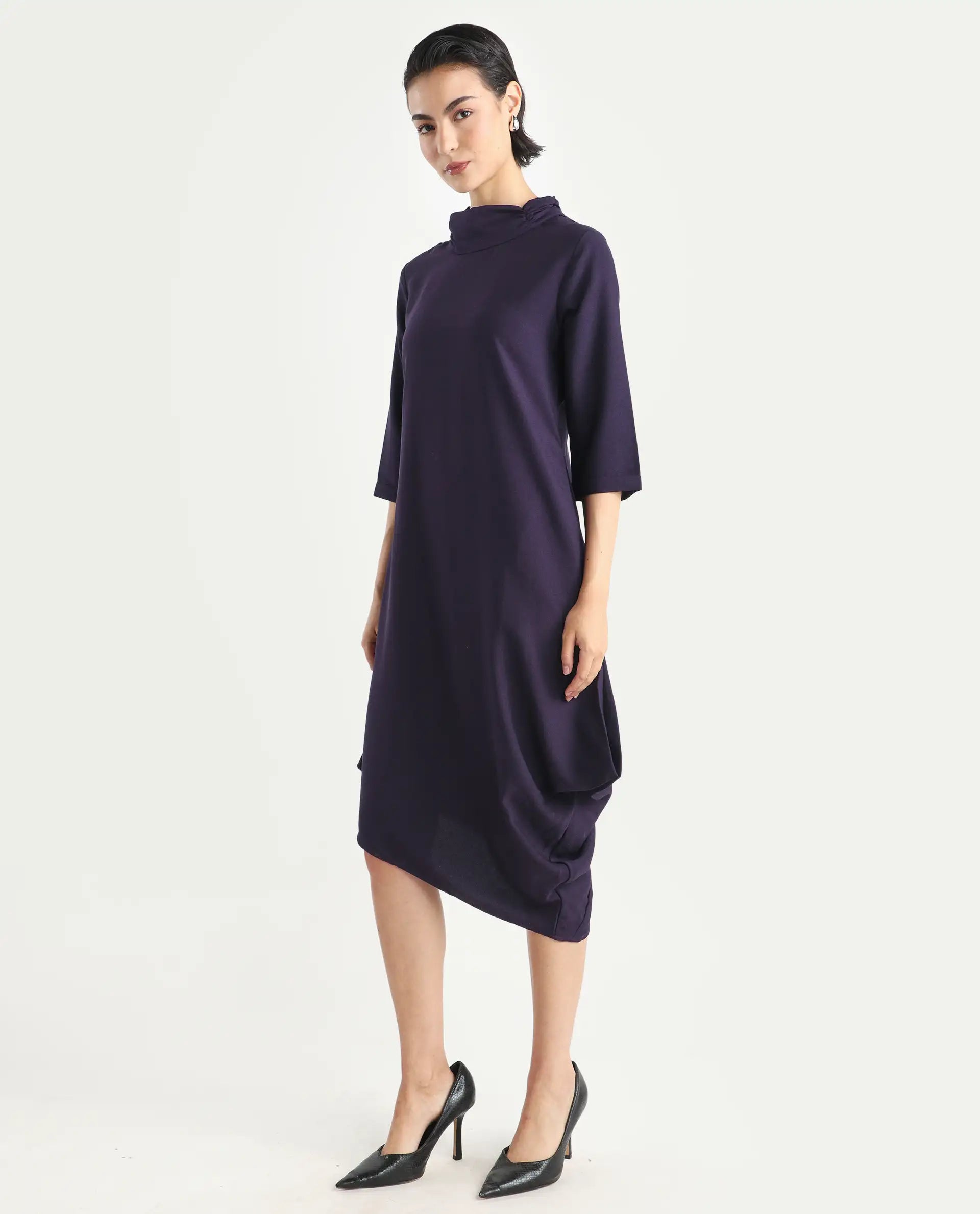 Rareism Women's Sullivan Purple Polyester High Neck Plain Knee Length Regular Fit Dress