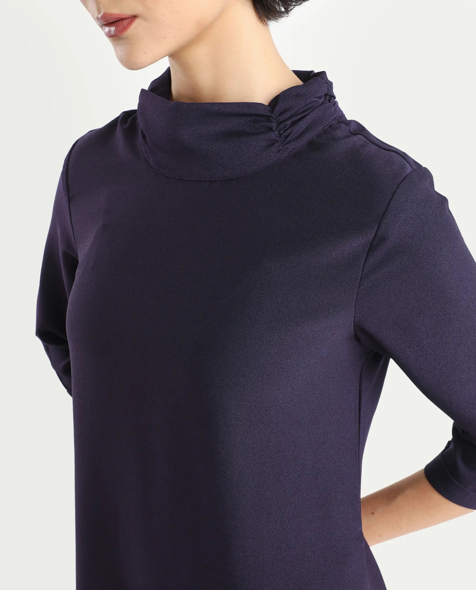 Rareism Women's Sullivan Purple Polyester High Neck Plain Knee Length Regular Fit Dress