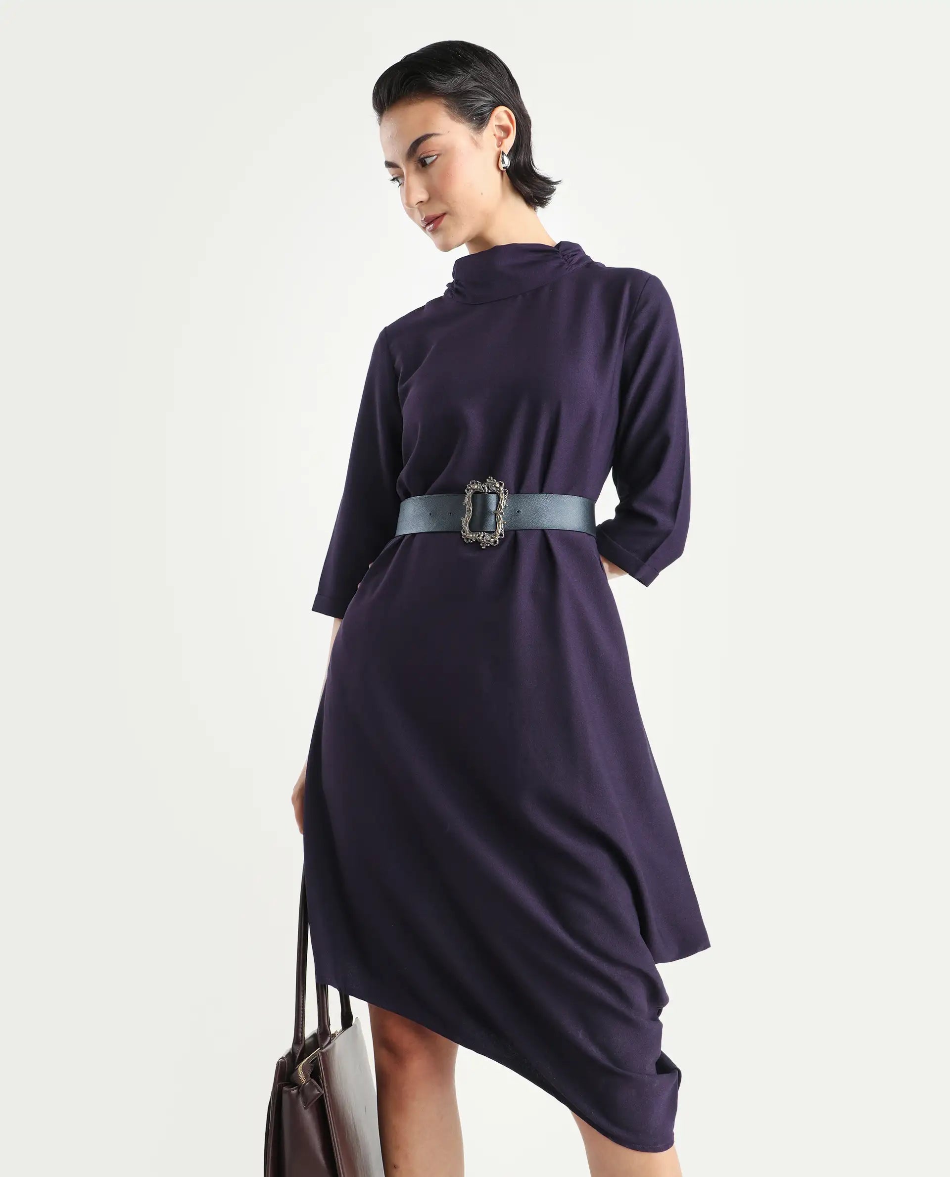 Rareism Women's Sullivan Purple Polyester High Neck Plain Knee Length Regular Fit Dress