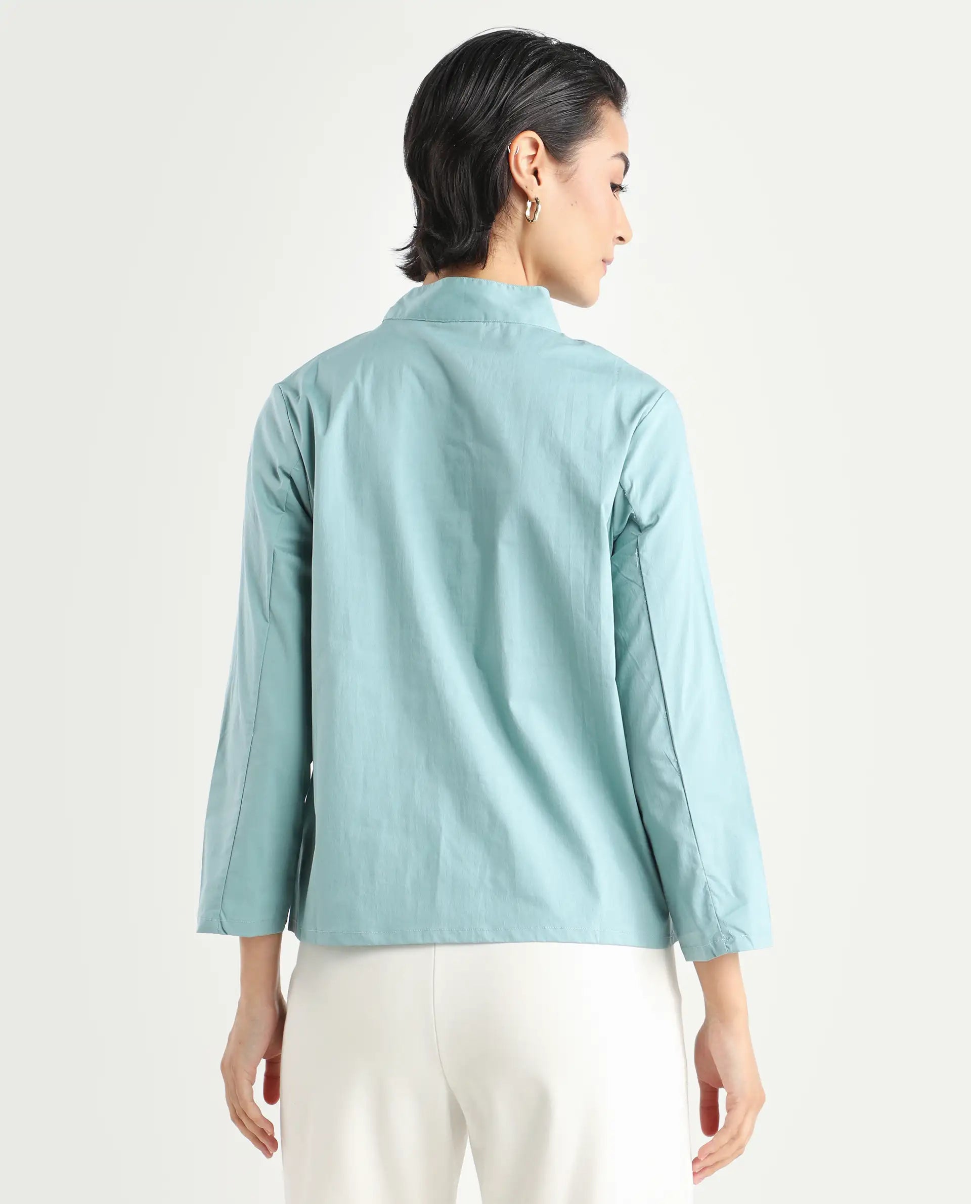 Rareism Women's Horhay Green Cotton Blend Mandarin Collar Plain Relaxed Fit Top