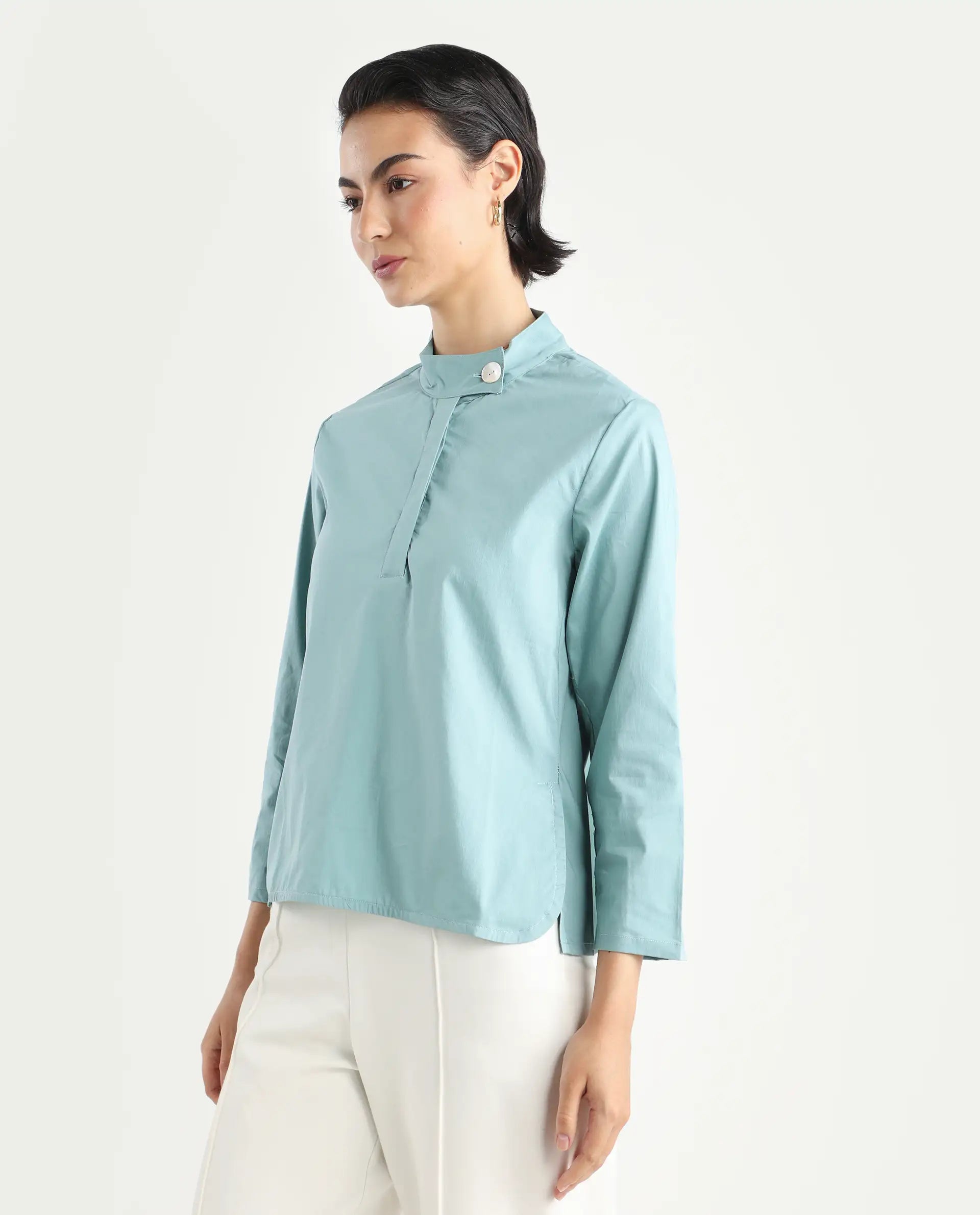 Rareism Women's Horhay Green Cotton Blend Mandarin Collar Plain Relaxed Fit Top