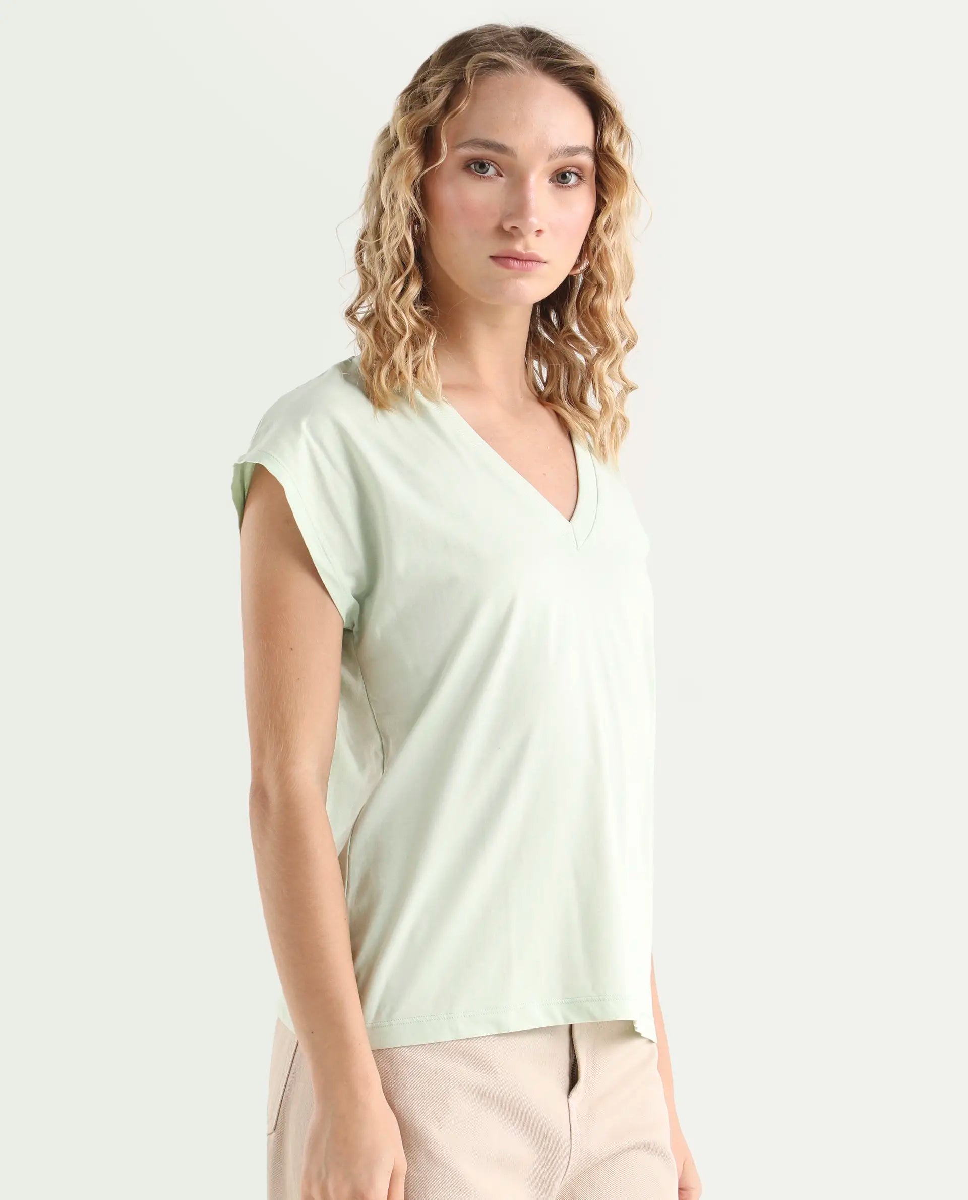 Rareism Women's Debra Green Cotton Crew Neck Plain Regular Fit T-Shirt