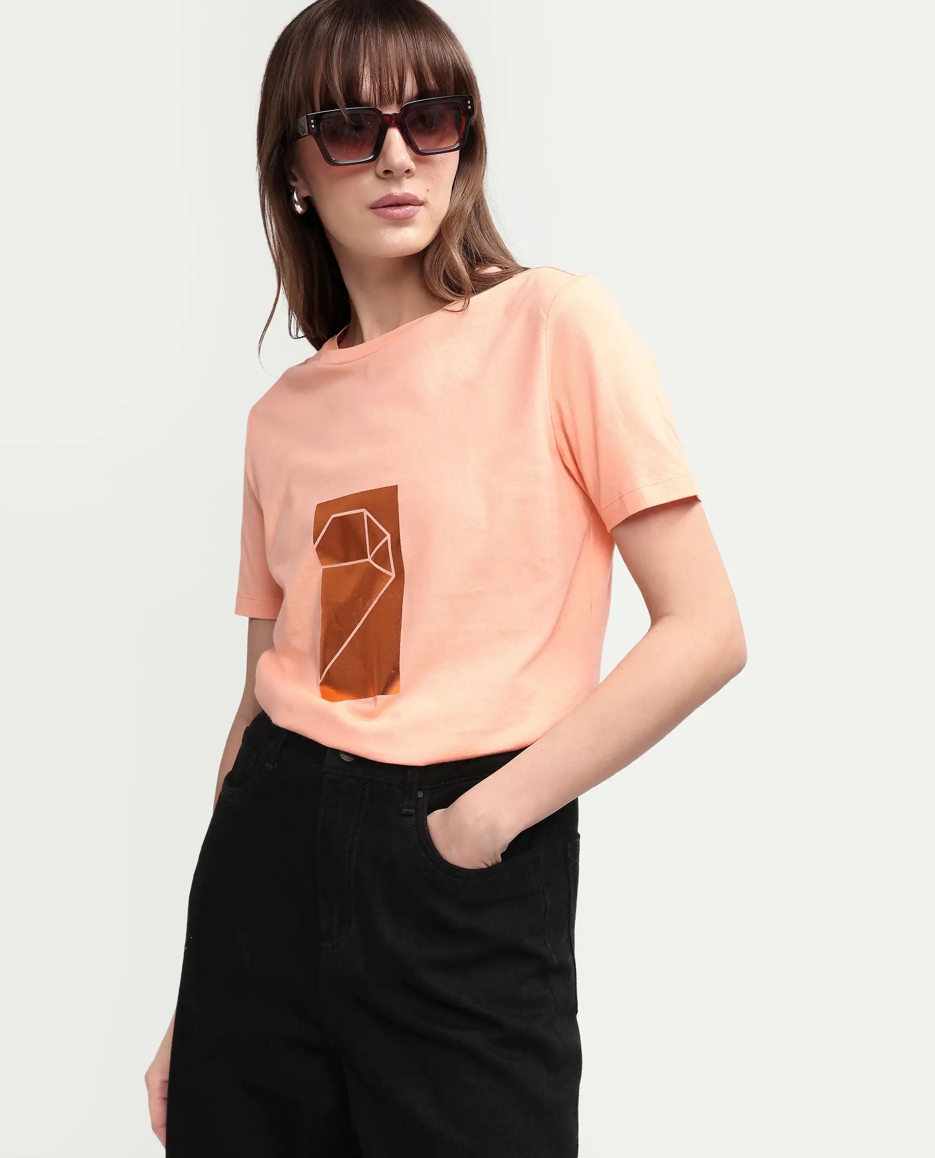 Rareism Women's Gulf Peach Cotton Crew Neck Graphic Print Regular Fit T-Shirt