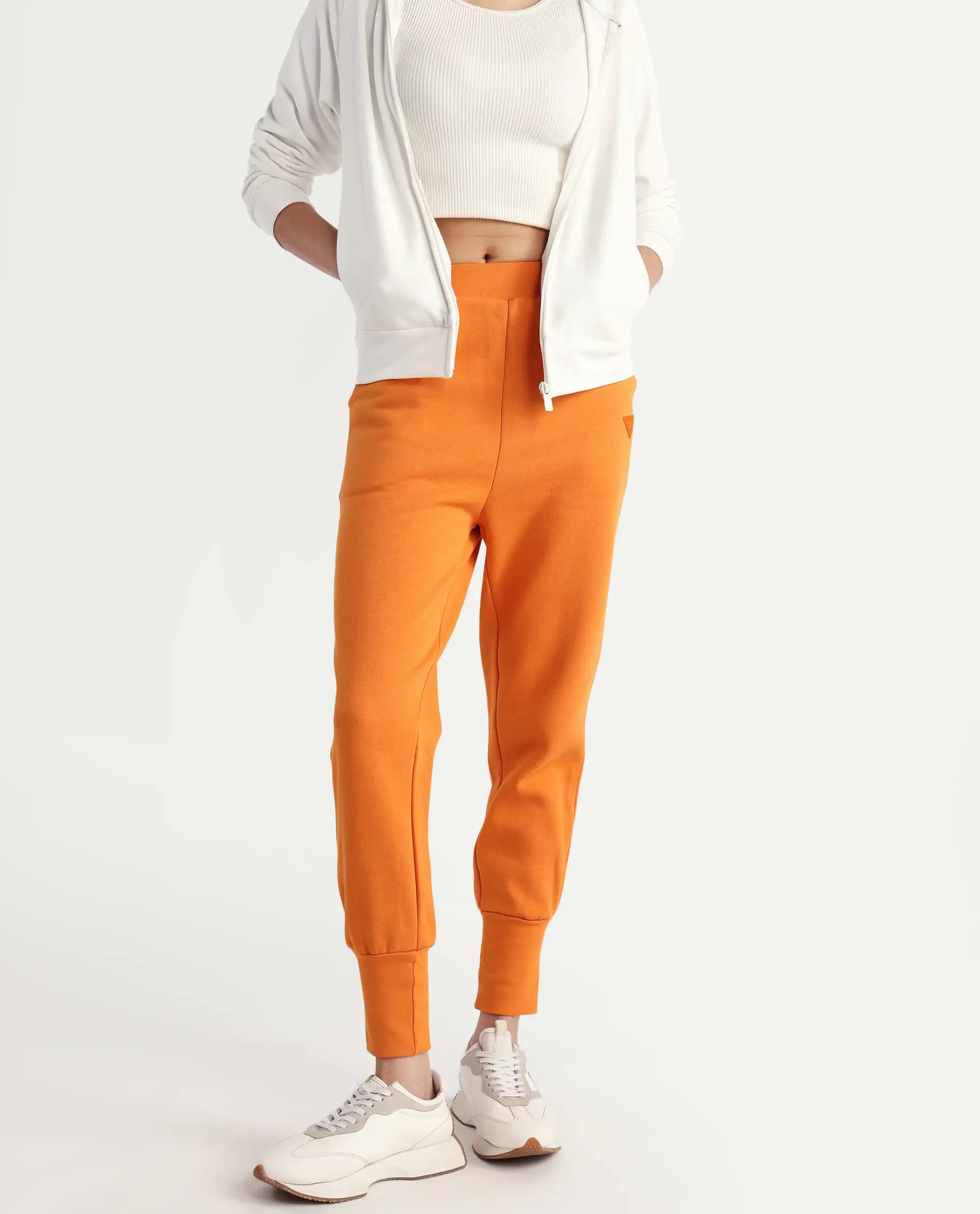 Rareism Women's Simp-1 Orange Polyester Blend Plain Ankle Length Tailored Track Pant
